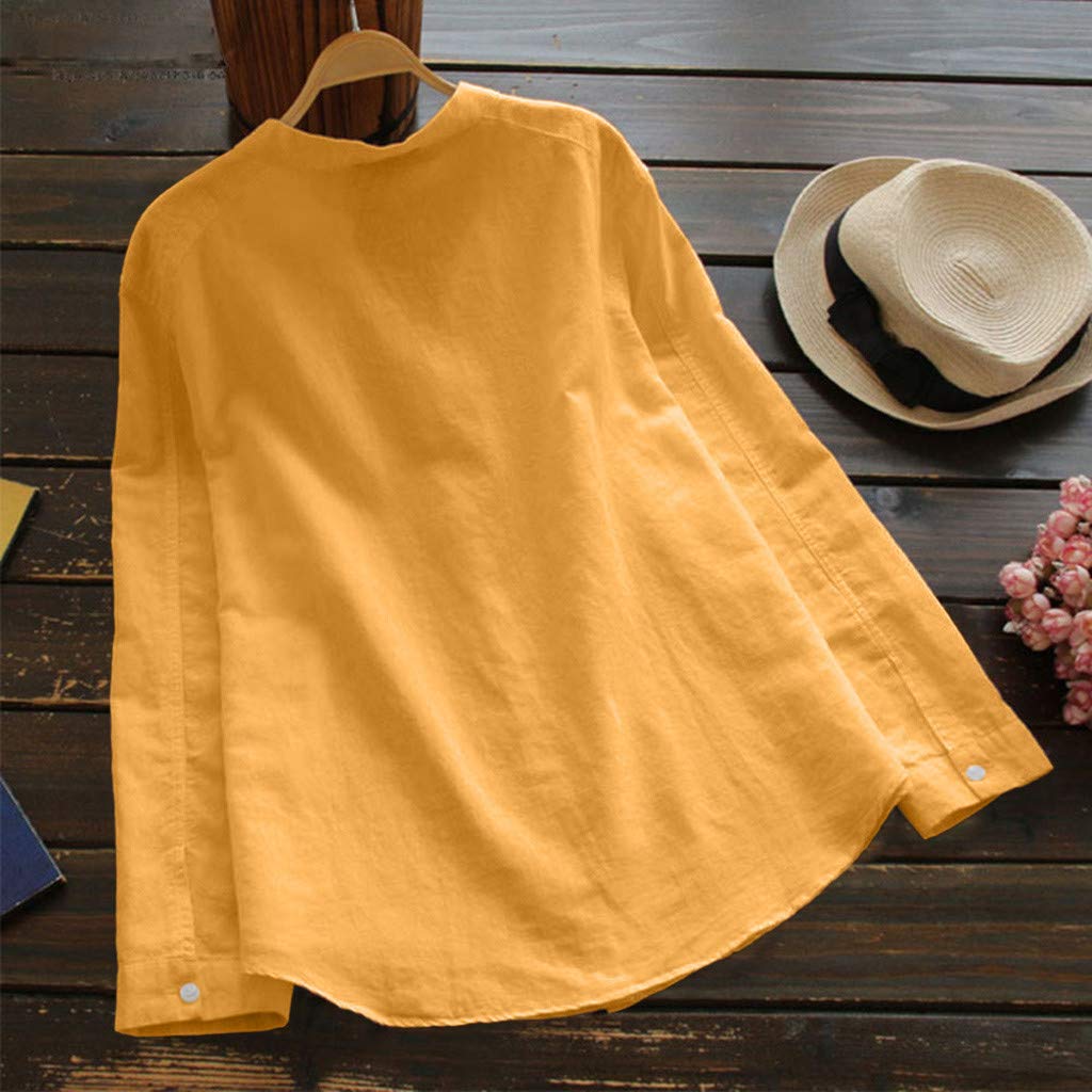 PBNBP Women's Solid Color Linen Blouse - Long Sleeve V-Neck Button-Up Shirt with Cuff Sleeves for Summer & Fall | Loose Fit Cute Tops for Work, Dating & Casual Outfits