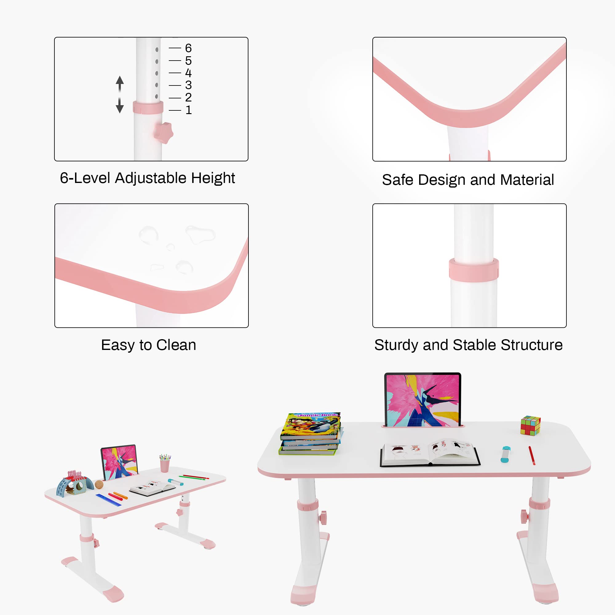 DESIGNA 39 Inch Adjustable Kids Table - 6 Height Levels Multifunctional Children's Study Desk for Learning, Drawing, Eating & Playtime | Perfect for Homeschooling, Arts & Crafts, Snack Time & Toddler Activities (Pink)