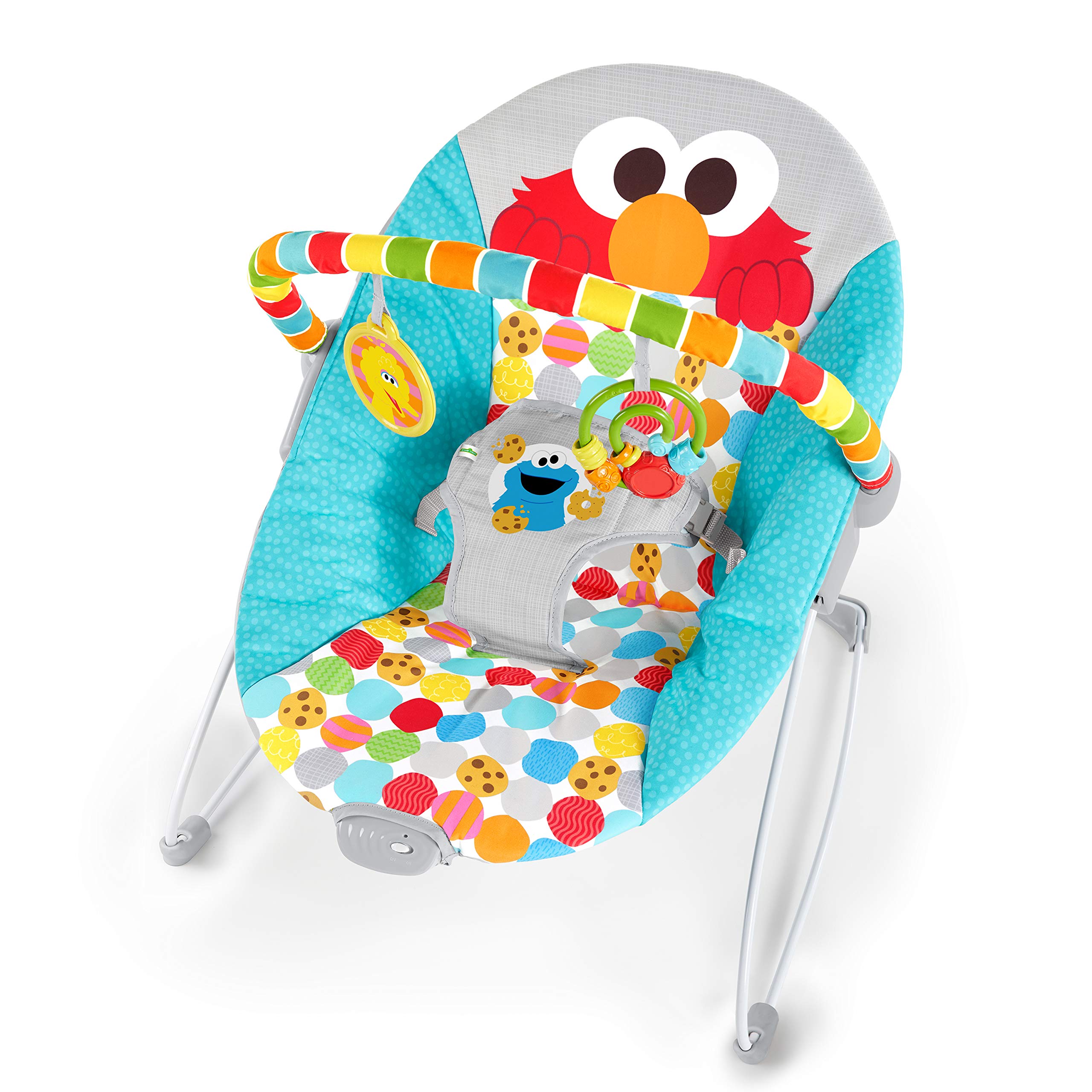 Bright Starts Sesame Street Baby Bouncer with Soothing Vibrations - Infant Seat for 0-6 Months (Up to 20 lbs) - Features Elmo, Cookie Monster & Big Bird - Removable Toy Bar - Perfect for Playtime, Naps & Soothing Fussy Babies