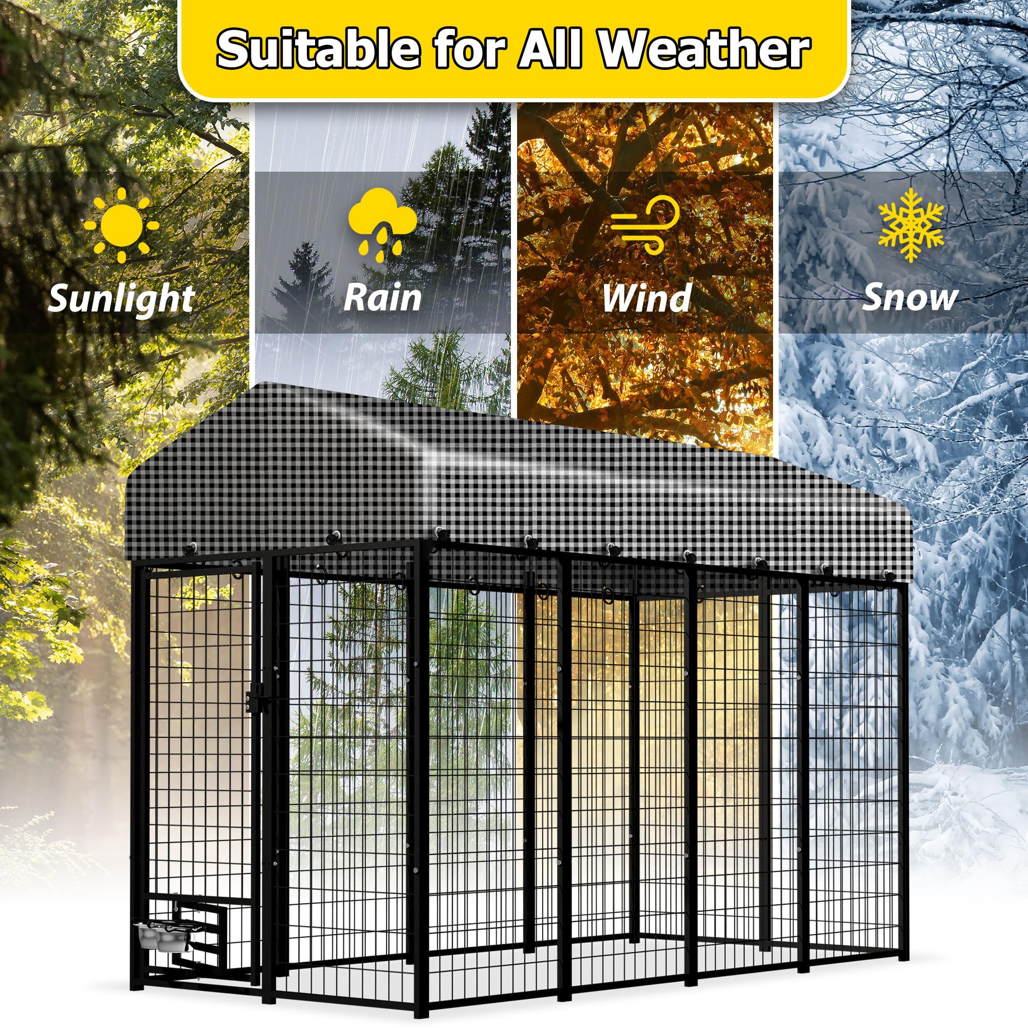 Heavy Duty Outdoor Dog Kennel for Large Dogs - 8'L x 4'W x 6'H Metal Dog Playpen with Roof Cover & Feeding Door - Weatherproof Yard Fence House for German Shepherds, Huskies - Perfect for Backyard, Camping & Outdoor Adventures