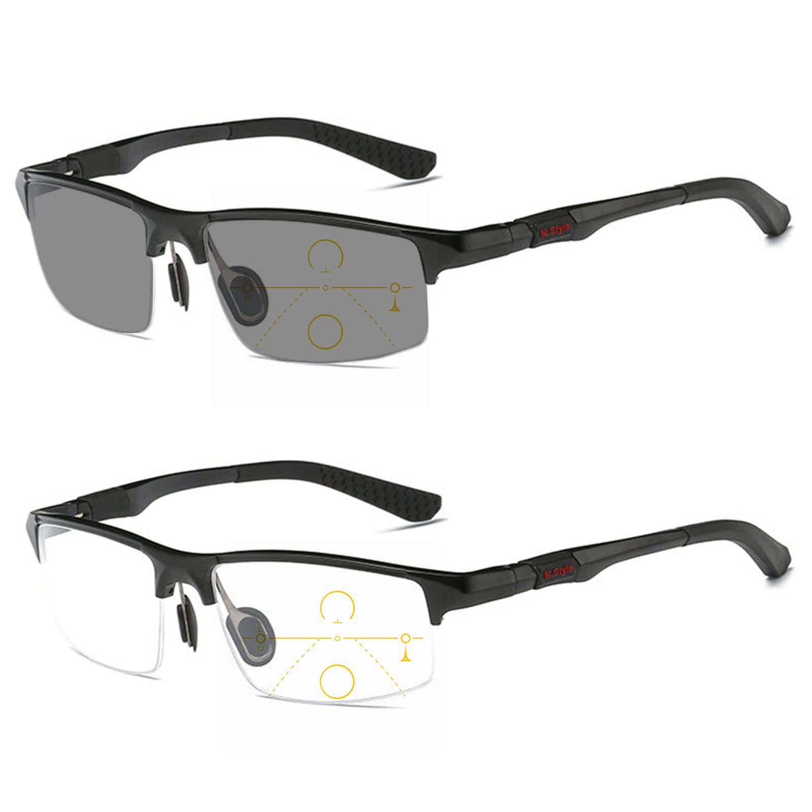 Photochromic Reading Glasses for Men - Progressive Multifocal Computer Glasses with Lightweight Aluminum Magnesium Half-Frame - Perfect for Indoor/Outdoor Use, Reading & Digital Screen Protection