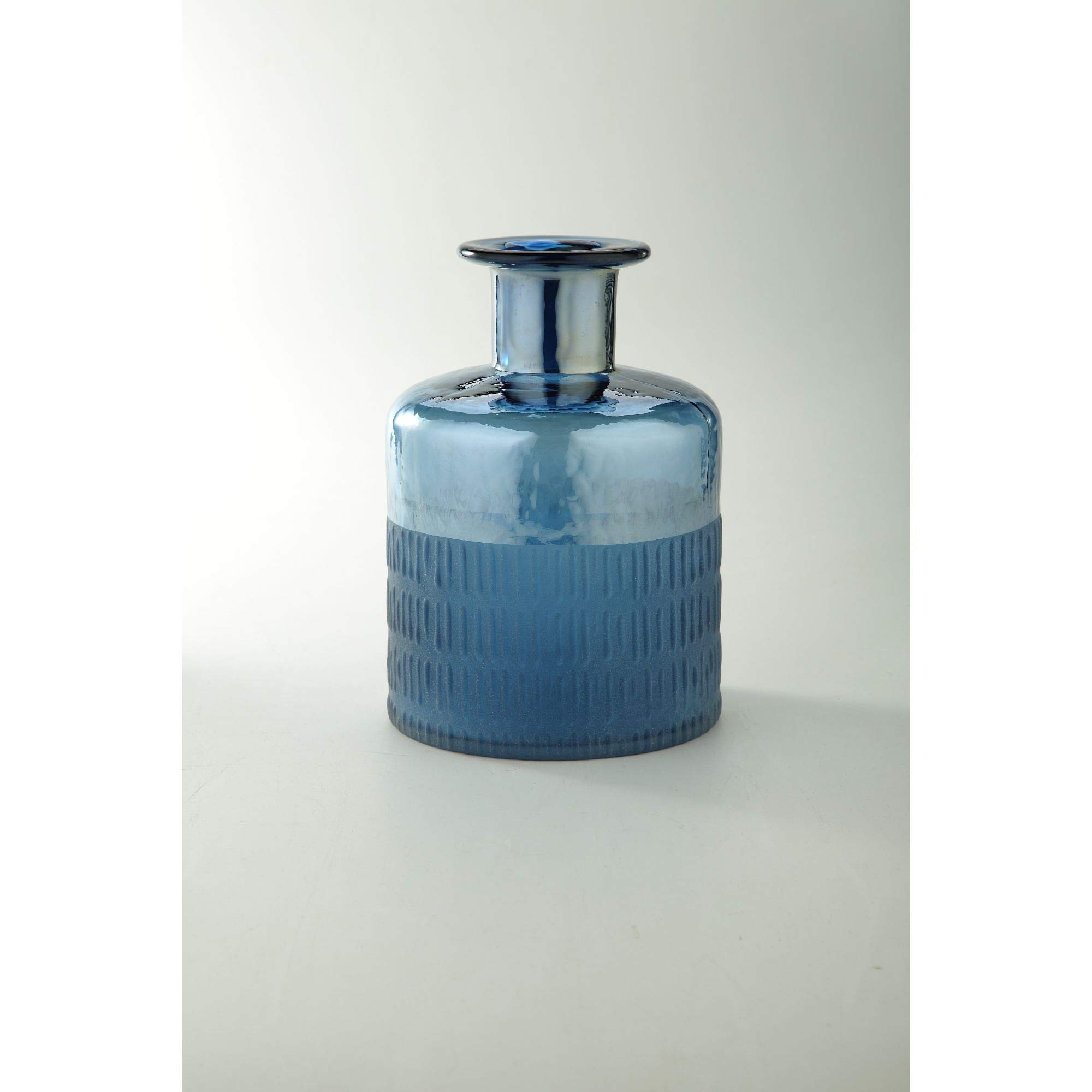 CC Home Furnishings 9.5 Inch Blue Line Pattern Embossed Glass Vase - Elegant Centerpiece for Weddings, Home Decor & Floral Arrangements