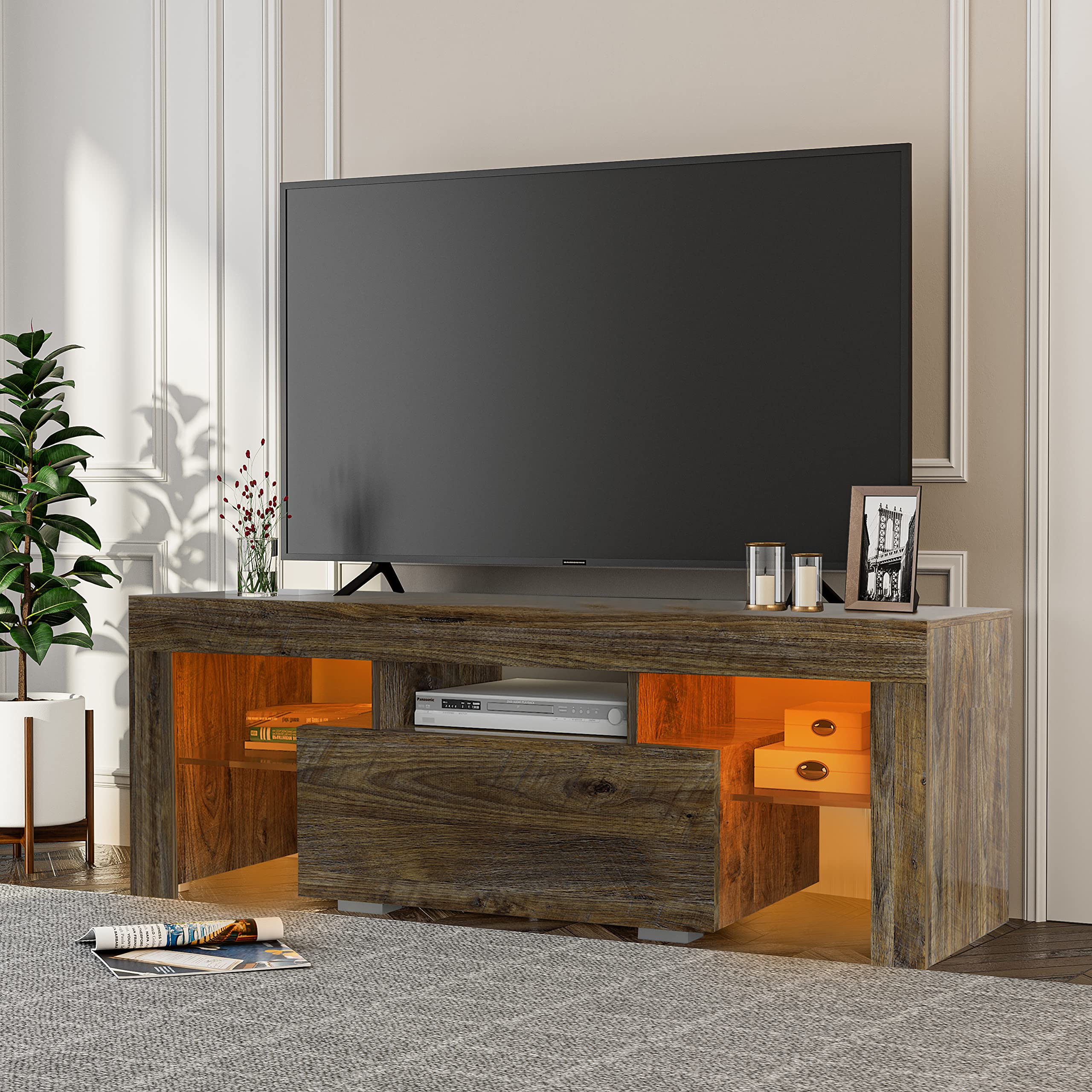 Modern LED TV Stand with 16 Color Changing Lights & Remote Control - Wooden Entertainment Center with Storage Drawers for 55 Inch Flat Screen TV - Perfect Living Room Furniture for Home Theater Setup (Brown-Grey)