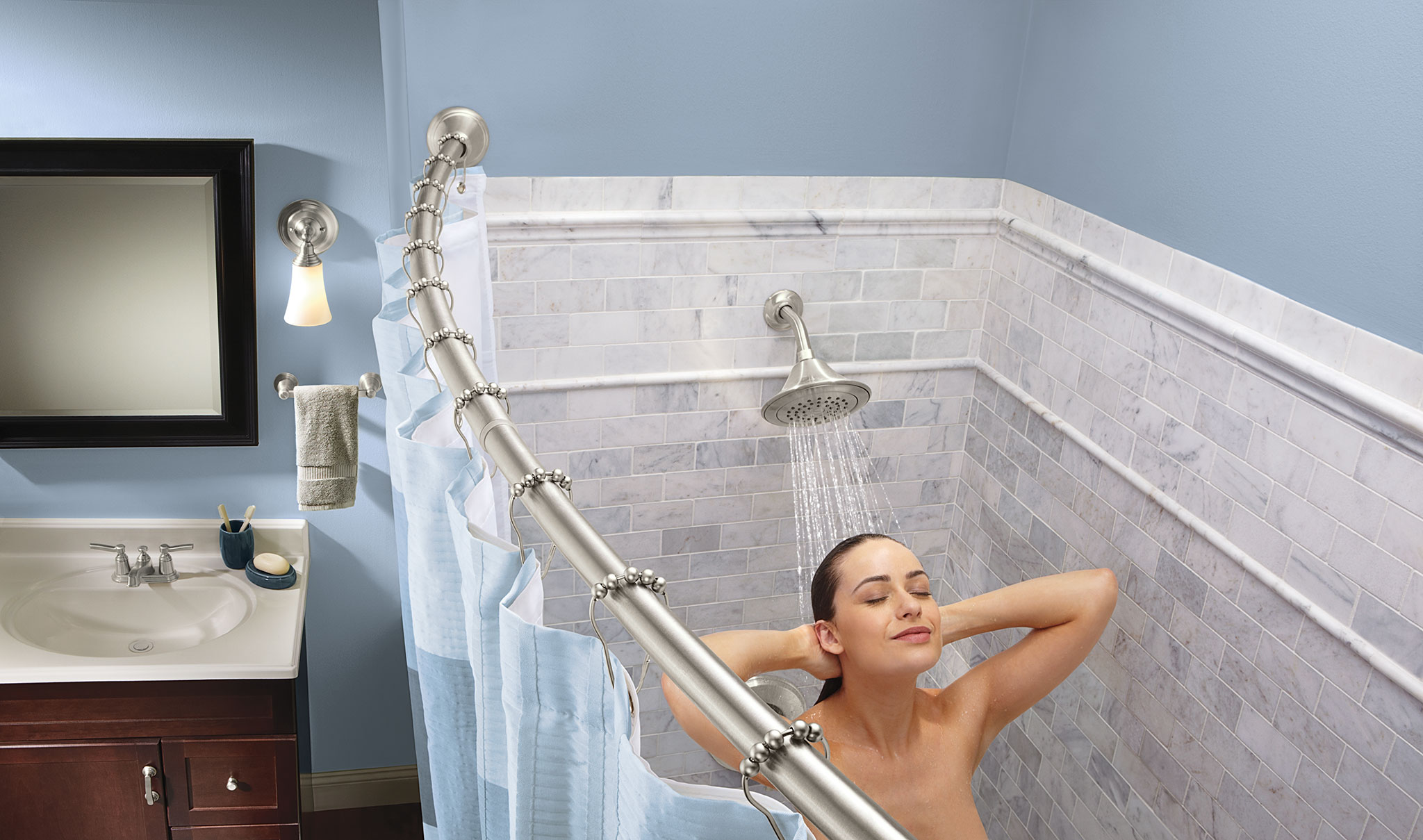 Stainless Steel Curved Shower Rod - Adjustable Tension Mount Bathroom Shower Curtain Rod for Bathtub & Shower Stall - Perfect for Small Bathrooms & Space Saving Solutions