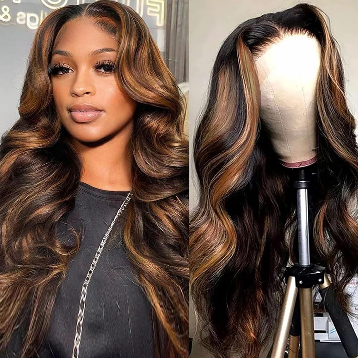 30 Inch 13x6 Highlight Body Wave Lace Front Wigs Human Hair - Pre Plucked 200% Density Ombre Frontal Wig with HD Lace & Bleached Knots - Glueless Balayage Wig for Black Women - Perfect for Daily Wear, Parties & Special Occasions