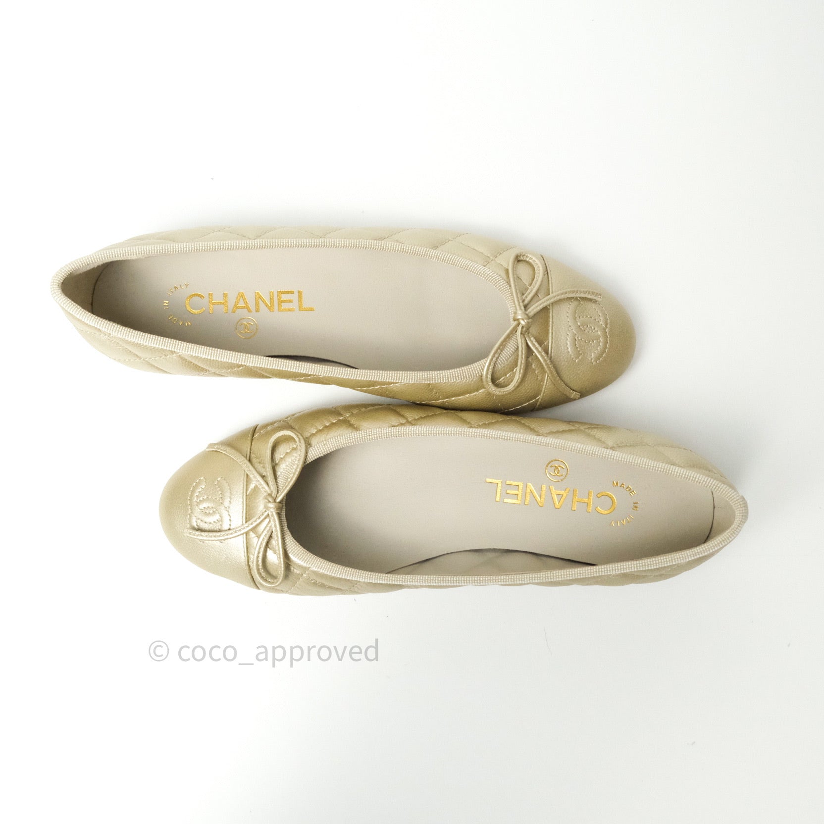 Chanel CC Caviar Leather Ballerina Flats in Light Gold - Size 36 | Luxury Women's Shoes for Work, Parties & Special Occasions