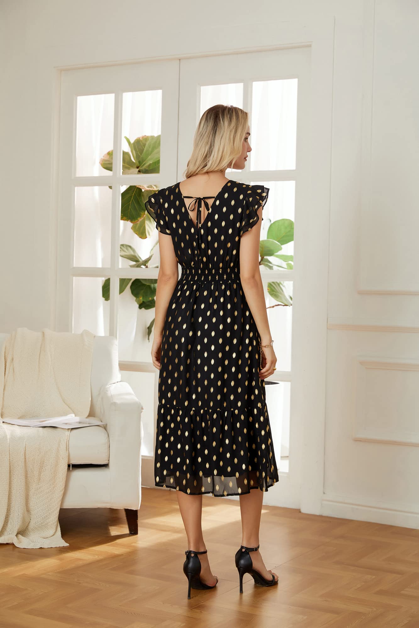 GRACE KARIN Women's V-Neck Ruffle Sleeve Summer Dress 2025 | Split Flowy Tiered Midi Dress for Wedding Guest & Cocktail Party | Beach Vacation, Garden Party & Date Night Outfits