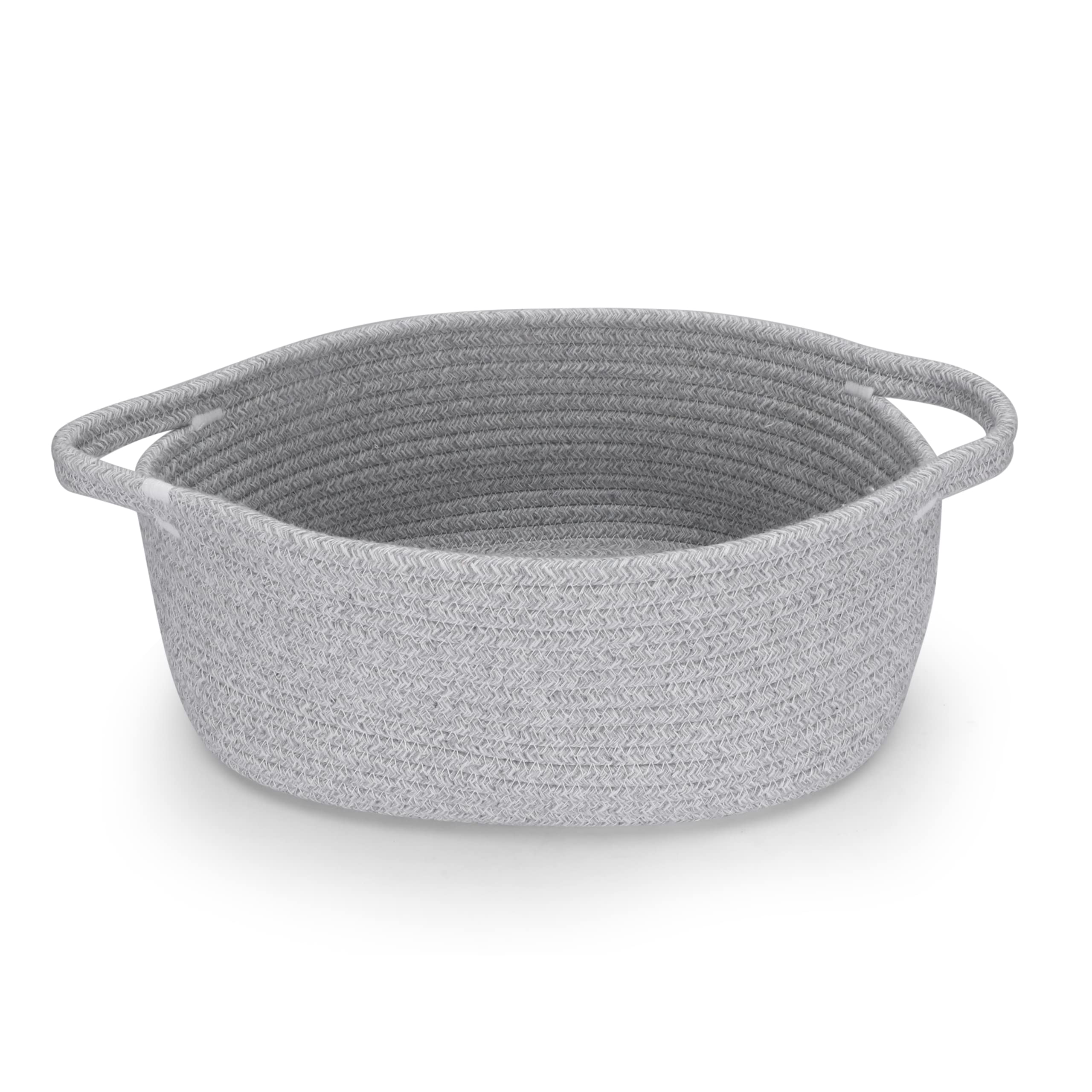 Small Woven Cotton Rope Storage Basket with Handle - Cute Oval Baby Nursery Organizer, Pet Toy Bin, Easter Gift Basket for Kids Room, Home Decor (Grey) - Perfect for Organizing Toys, Blankets, and Household Items