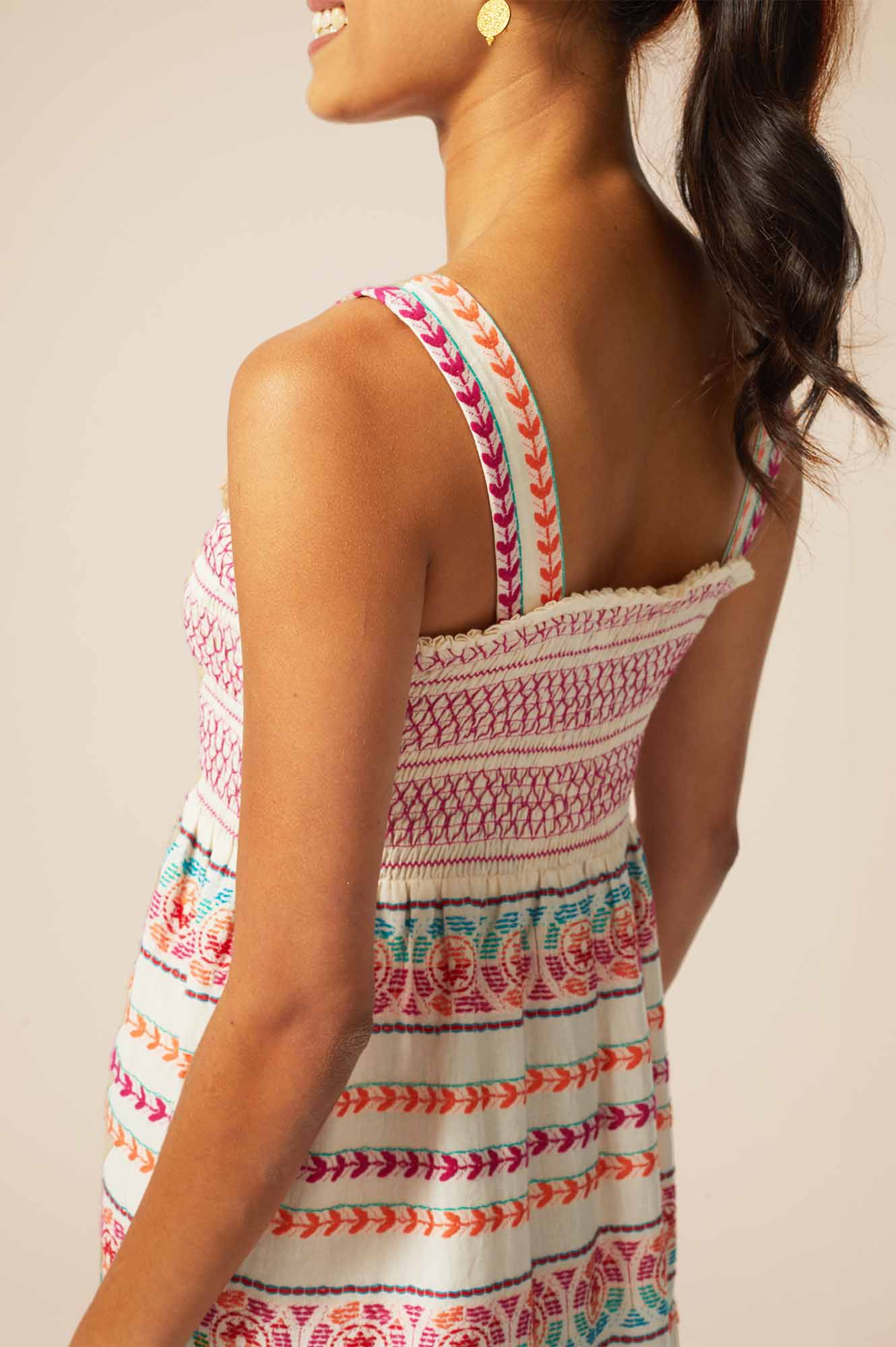 Floral Jacquard Sundress for Women - Lightweight Summer Dress with Puff Sleeves | Ecru & Multi Color Boho Maxi Dress | Perfect for Beach Vacation, Garden Party & Casual Outings