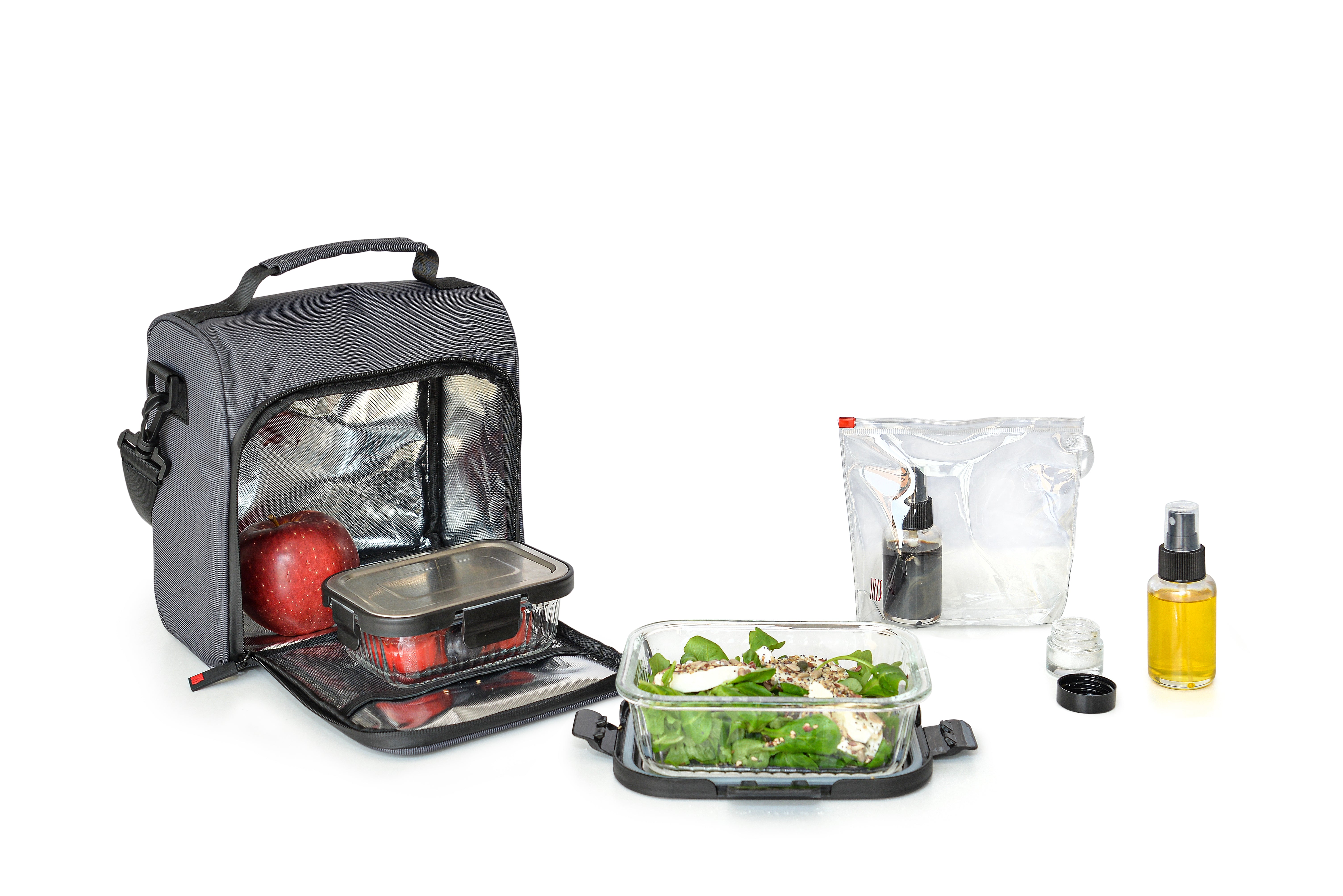 Premium Grey Insulated Lunch Bag with 0.37L + 0.64L Glass Containers - Leakproof Bento Box for Office, School & Picnic - Eco-Friendly Meal Prep Solution