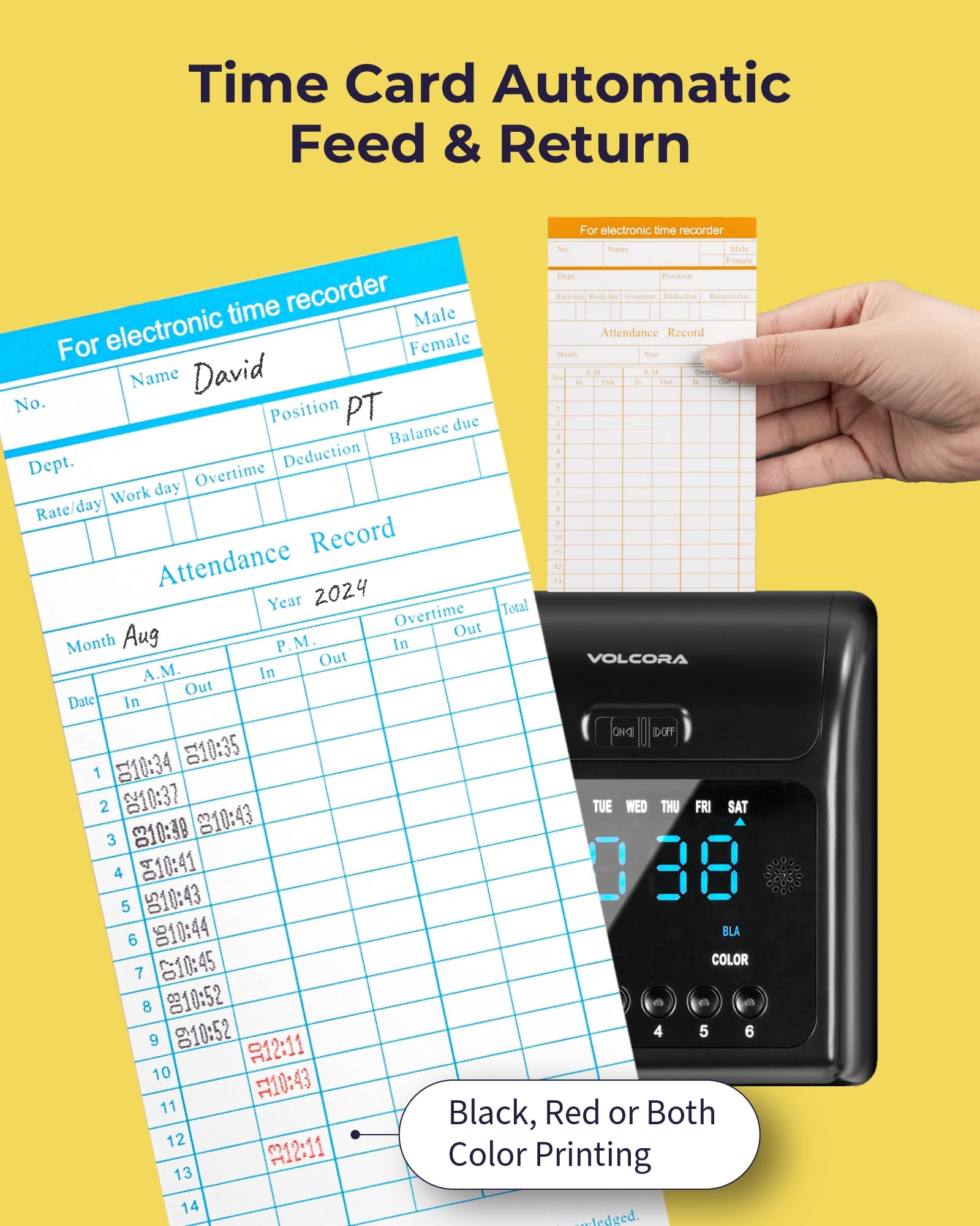 Volcora Employee Time Clock Machine - 50 Time Cards & Ink Ribbon Included - Punch Clock System for Small Business with Battery Backup - Keyless & Offline Operation - Ideal for Office, Retail Stores & Warehouse Time Tracking