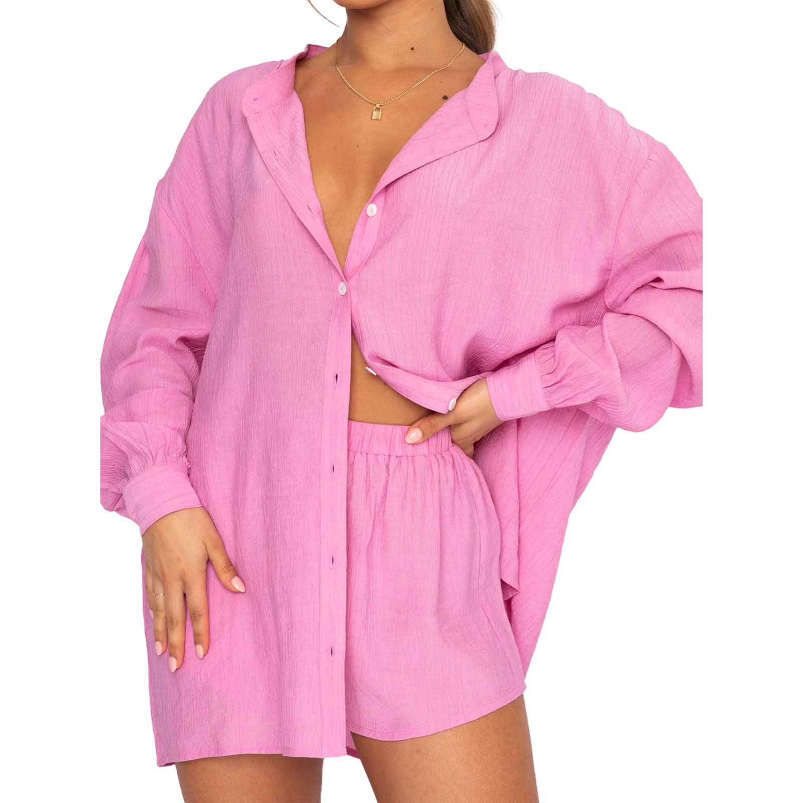 Women's Summer Casual 2-Piece Outfit Set - Long Sleeve Shirt & Shorts | Y2K Streetwear Loose Fit Sweatsuit | Perfect for Beach, Travel & Street Style Fashion