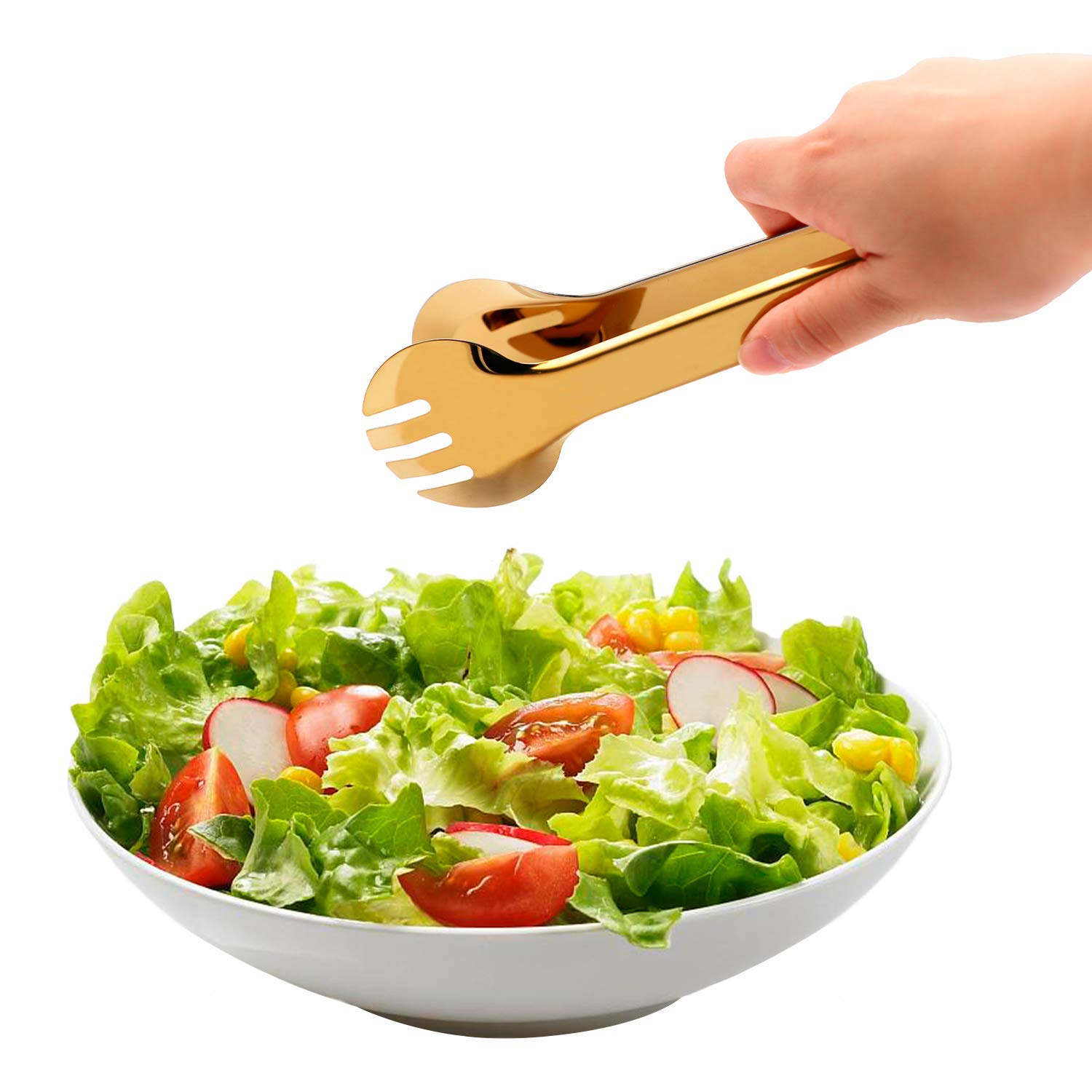 2-Pack 9 Inch Stainless Steel Gold Salad Tongs - Non-Slip Grip & Smart Locking Clip - Perfect for Cooking, Serving, BBQ, Buffet, Salad Bars, Ice Cubes & Oven Use - Ideal for Restaurants, Picnics & Home Kitchen Essentials