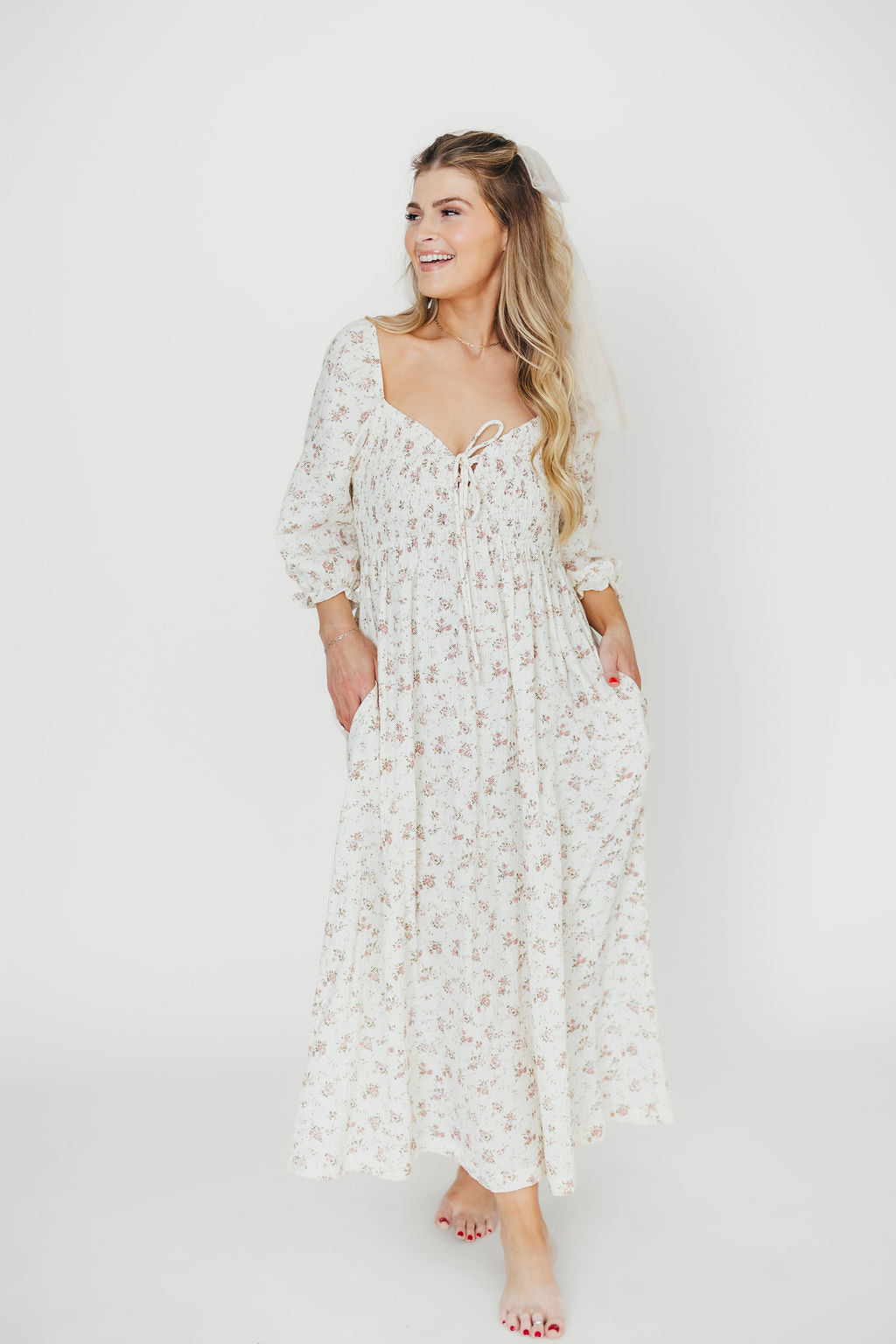 100% Cotton Smocked Maxi Dress for Women - Ivory/Mauve Floral Print | Bump Friendly Maternity Dress | Perfect for Summer, Beach Vacations & Special Occasions