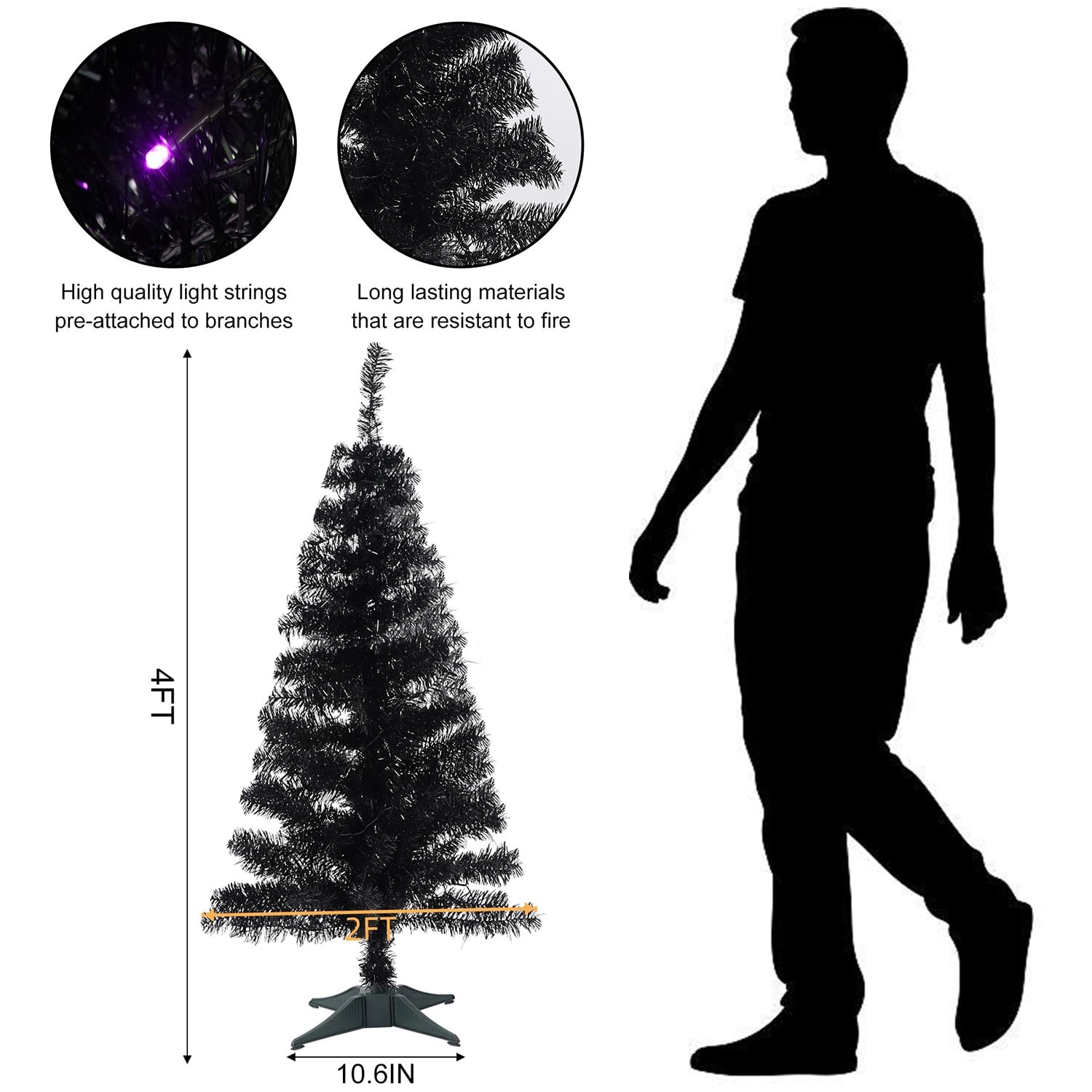 Juegoal 4FT Black Tinsel Artificial Christmas Tree with 70 LED Purple Lights - 8 Lighting Modes & Timer - Halloween Holiday Decor for Home, Party, Office, and Indoor Decorations