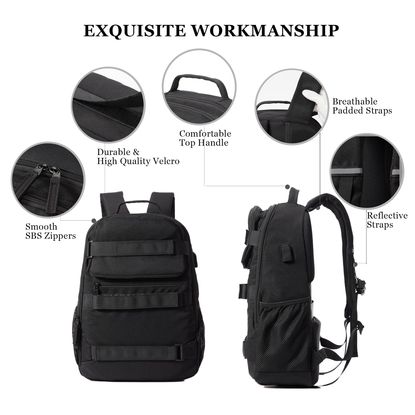 **Skateboard Backpack for Men & Women - Large Durable Skateboard Bag with USB Charging Port, Laptop Compartment - Perfect for Skateboarding, College, Travel & Commuting (Black)**