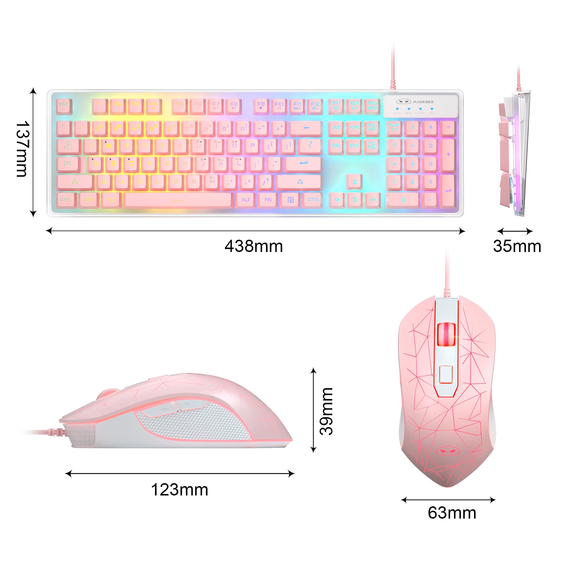 MageGee K1 RGB LED Backlit Gaming Keyboard and Mouse Combo with Transparent Cover - 104 Keys Mechanical Feel Keyboard for PC, Laptop, PS4, Xbox - Perfect for Gaming, Office Work & Streaming (Pink)