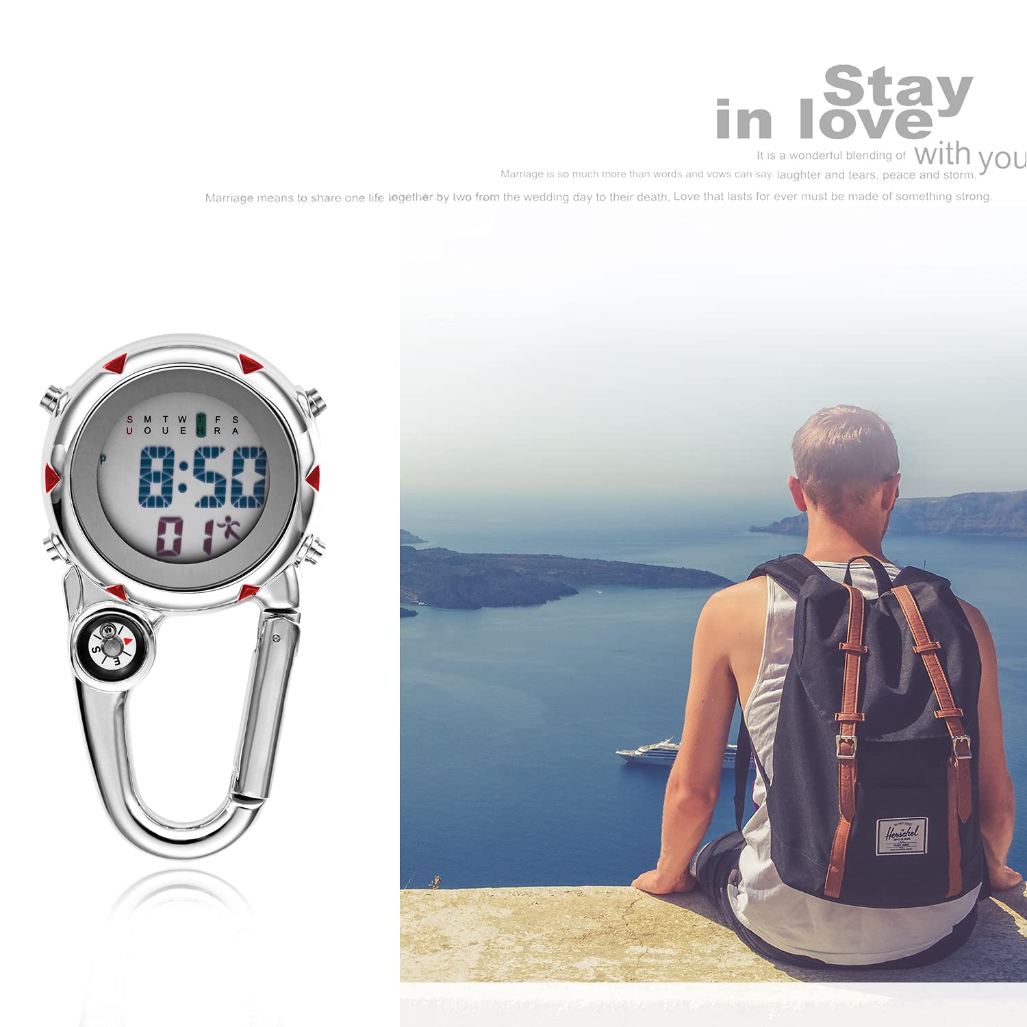 Digital Compass Clip Watch - Waterproof Carabiner Pocket Watch with Alarm for Men & Women | Hiking, Camping, Backpacking Outdoor Adventure Gear | Black & White Fob Watch for Backpack Buckle