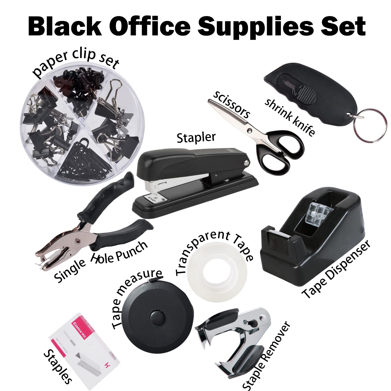 ChezMax Black Office Desk Organizer Set - 15-Piece Stapler, Staple Remover, Tape Dispenser, Scissors, Push Pins, Paper Clips & More - Perfect for Home Office, School & Workplace Organization