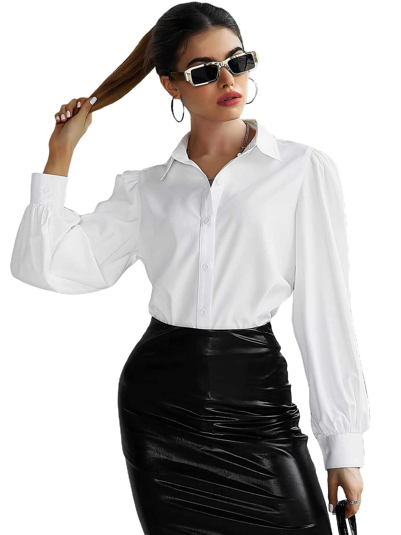 SOLY HUX Women's Puff Sleeve Button Down Shirt - Elegant Long Sleeve Blouse for Office Work & Business Casual | Perfect for Professional Meetings, Office Wear & Smart Casual Outfits