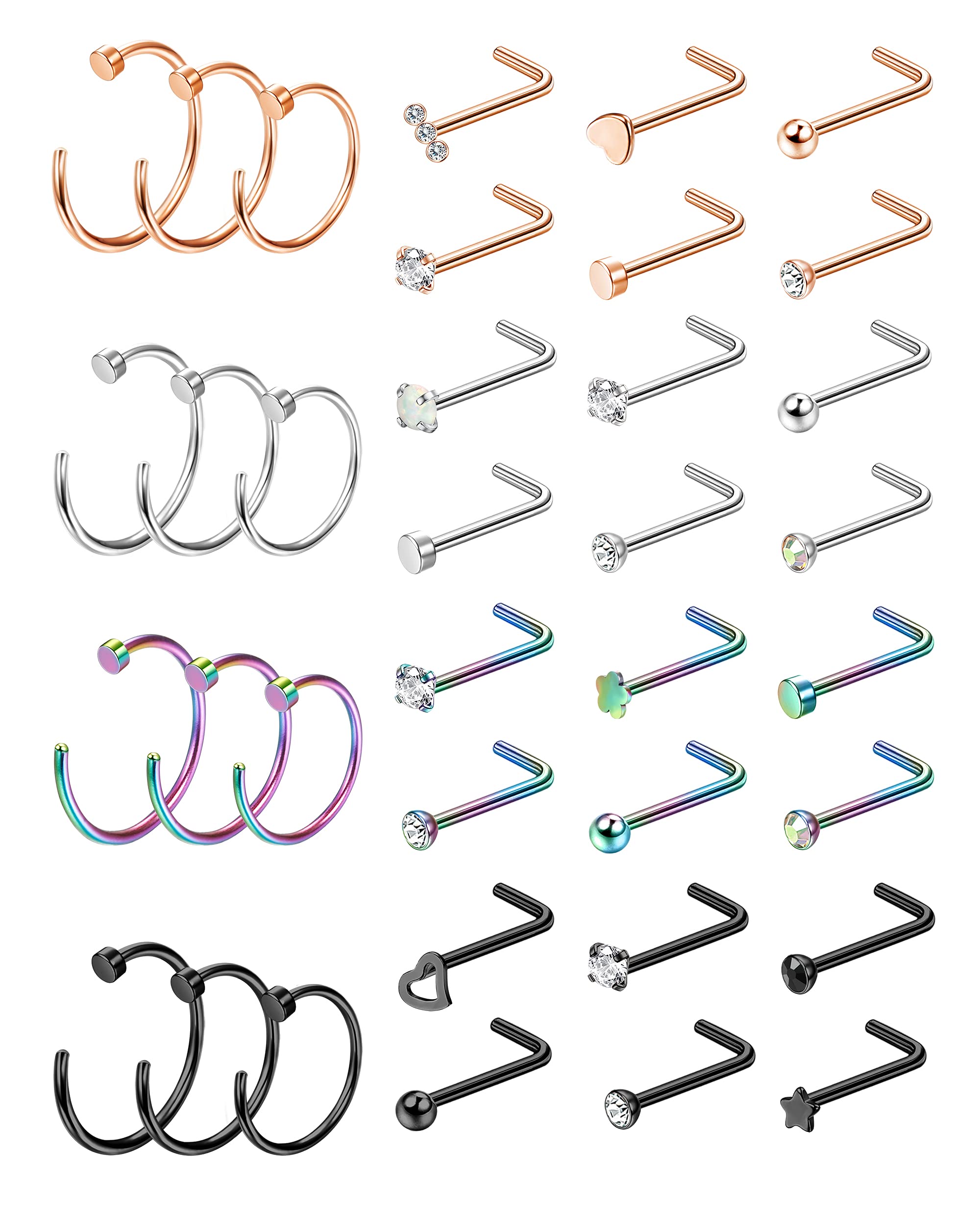 BodyBonita Surgical Steel L-Shaped Nose Rings - Hypoallergenic Hoop Studs for Women & Men | Silver, Rose Gold, Black, Rainbow | Everyday Wear & Parties
