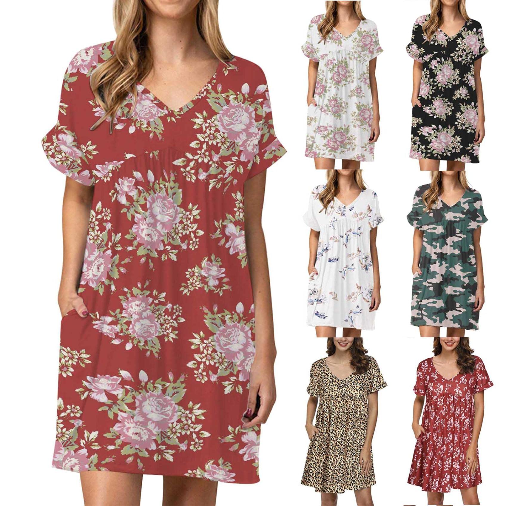 Women's Casual Summer V-Neck Short Sleeve Floral Print T-Shirt Dress - Loose Swing Mini Tunic with Pocket | Perfect for Beach, Vacation & Everyday Wear