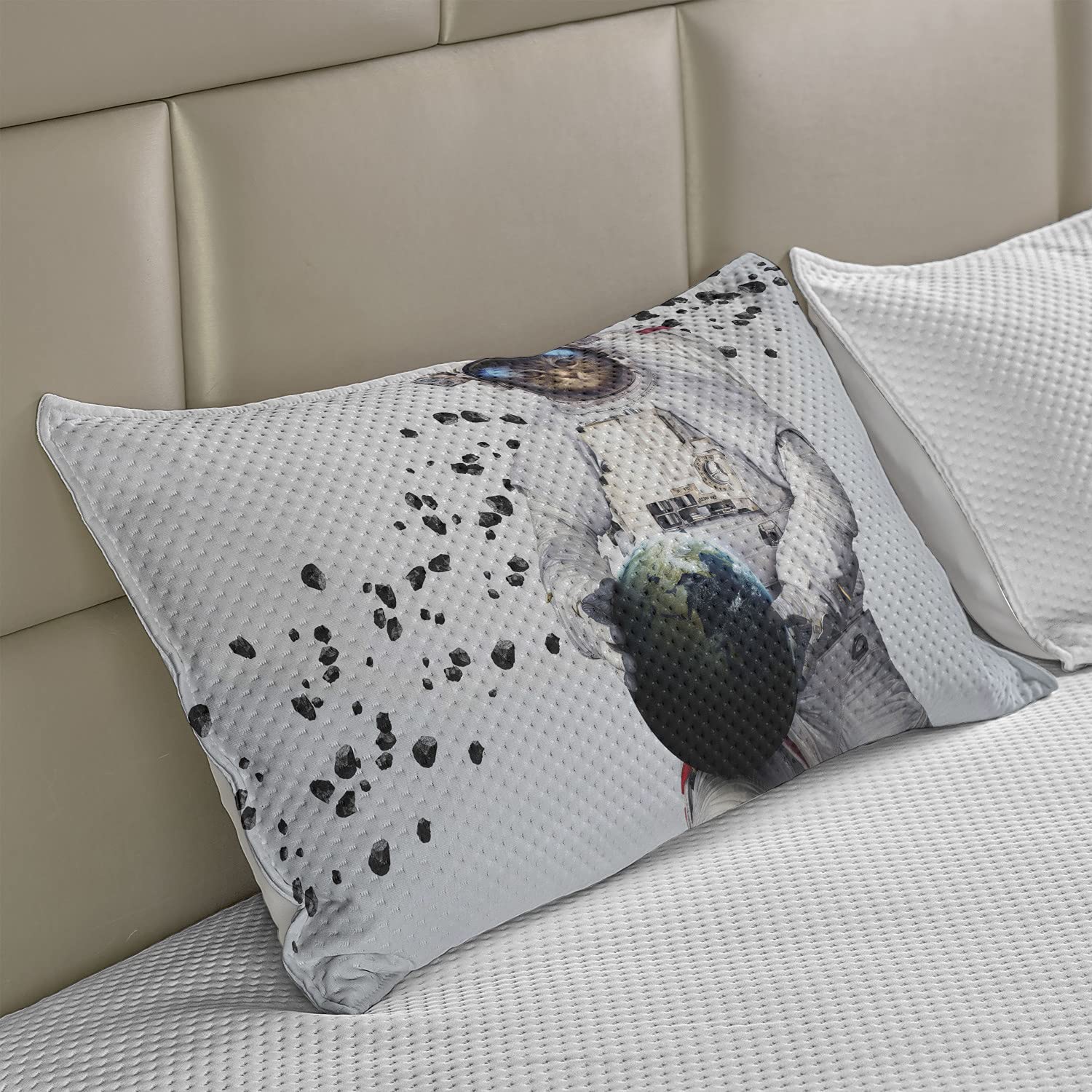 Ambesonne Space Cat Knitted Quilt Pillow Cover - Astronaut Kitten in Space Suit Holding Planet with Galaxy Design, Standard King Size 36x20 Inches, White Black & Blue - Perfect for Bedroom Decor, Living Room Accent & Space Theme Gifts