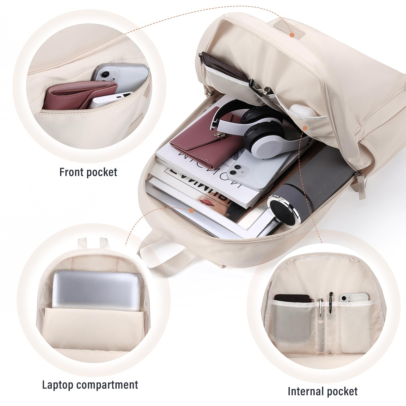 HOMIEE Lightweight Casual Laptop Backpack for 15.6 Inch Laptop - Water-Resistant Unisex College Backpack for Work, Travel & School - Cute Beige Daypack for Students & Professionals