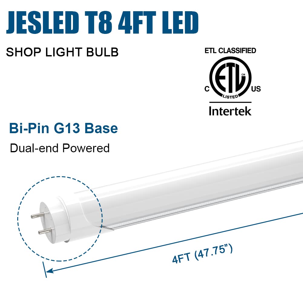 JESLED T8 4FT LED Tube Light Bulbs 24W 5000K Daylight White - 3000LM Brightness - Plug & Play or Ballast Bypass - 4 Foot LED Fluorescent Replacement - Dual-End Powered Frosted Light - Garage Warehouse Shop Lighting (12 Pack) - Perfect for Commercial Spaces, Workshops, and Industrial Areas