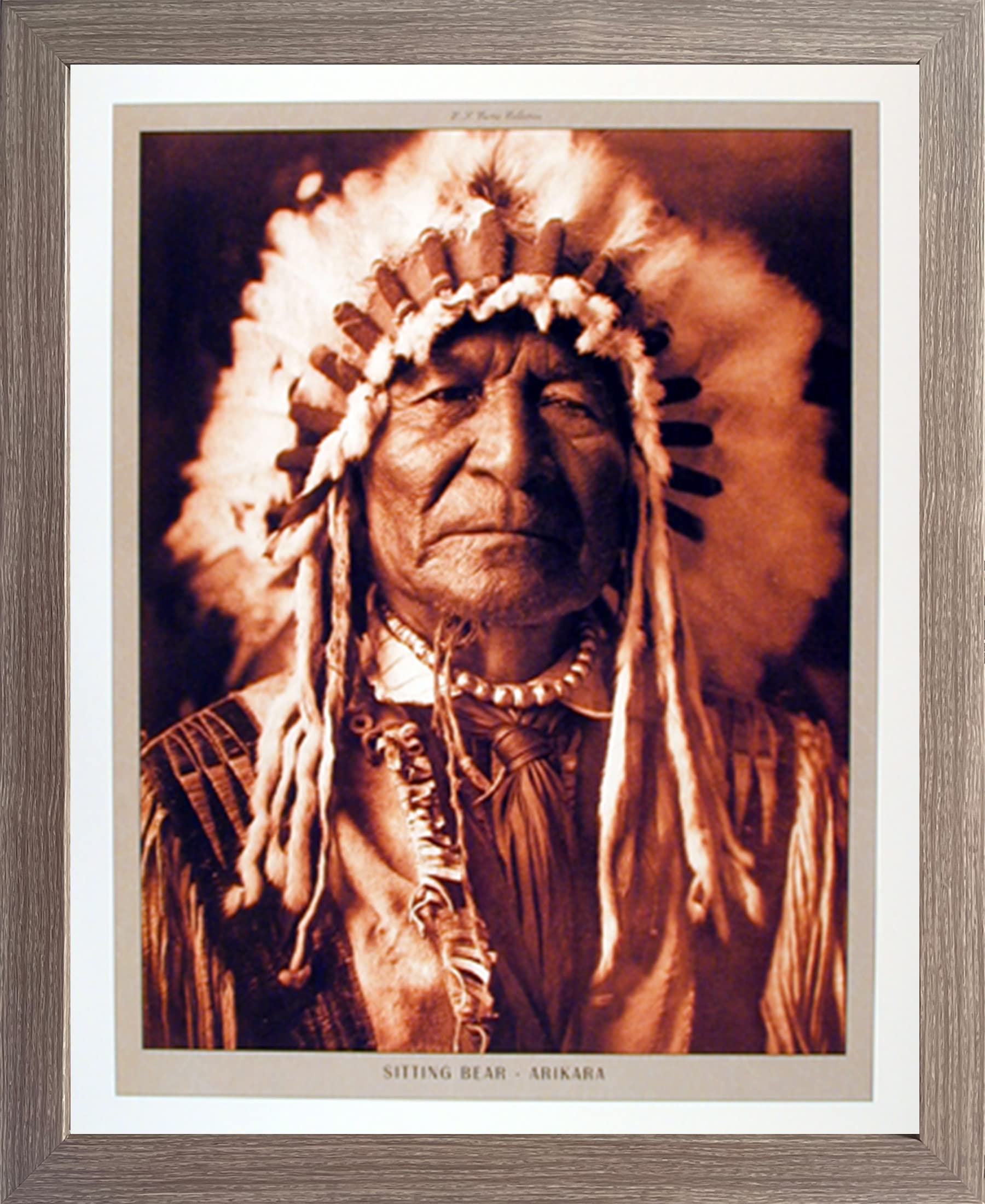 Framed Native American Sitting Bear Wall Art - Arikara Rustic Barnwood Picture Print (19x23) - Perfect for Living Room, Bedroom & Cabin Decor