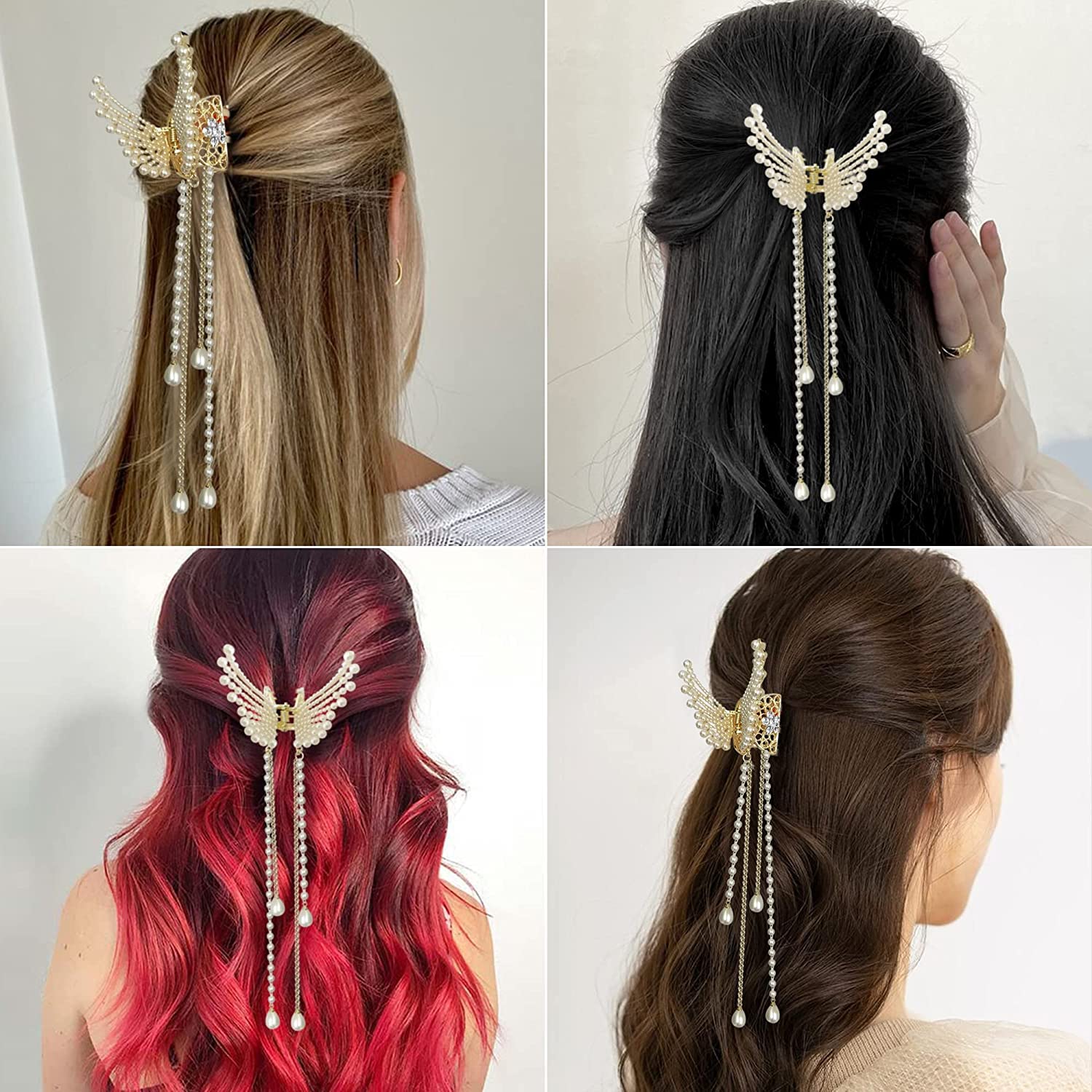 SHIDARA Elegant Pearl & Stone Hair Clips for Women - Wedding, Party & Everyday Hair Accessories - Butterfly Claw Clip with Metal & Pearl Decorations - Perfect for Bridal, Prom, Office & Casual Hairstyles