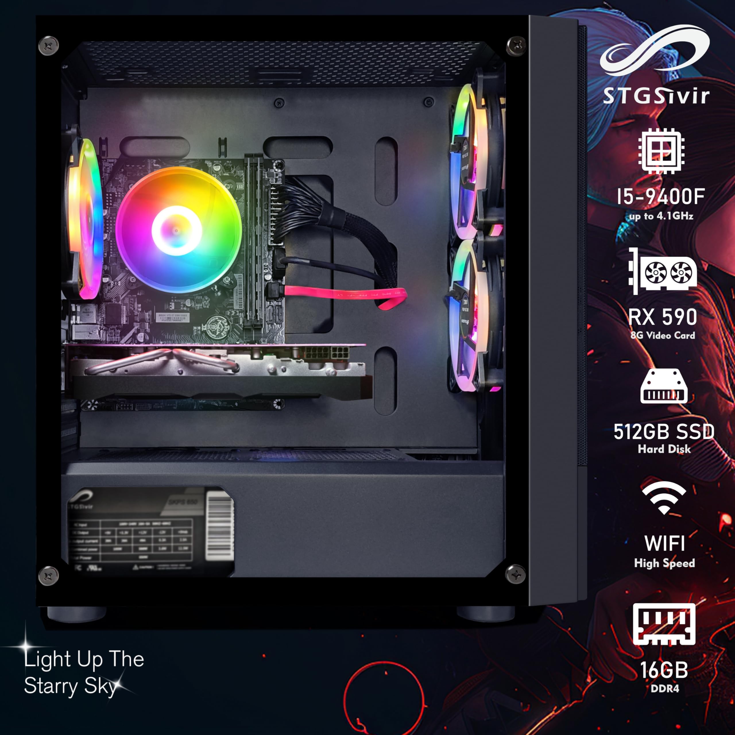 STGsivir Gaming PC Desktop Computer - Intel Core i5-9400F 2.9-4.1GHz, AMD RX 590 8GB GPU, 16GB DDR4 RAM, 512GB SSD, WiFi 600Mbps, BT 5.0, RGB Case, Windows 11 - Perfect for Esports, Streaming & VR Gaming