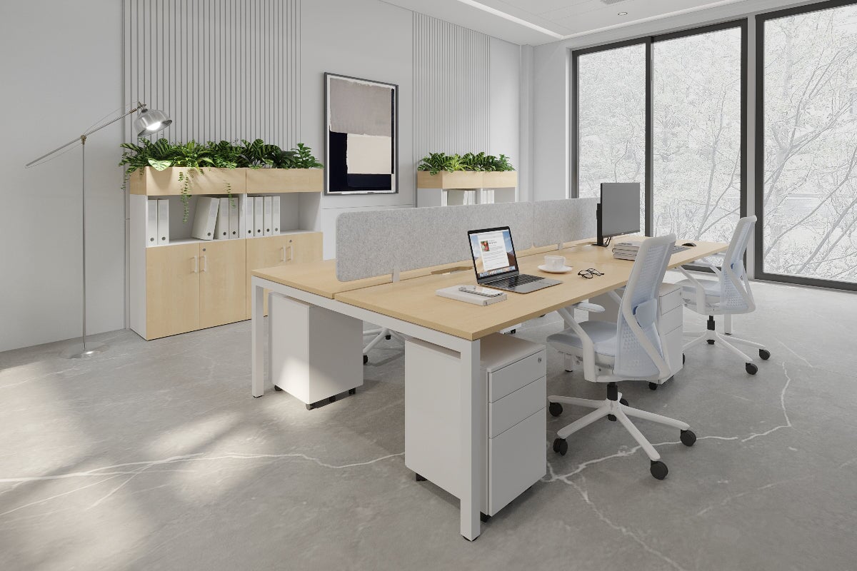 Quadro Square Legs 4-Person Office Workstation Desk - 1600L x 800W with Cable Management Scallop - Perfect for Collaborative Workspaces & Open Office Environments