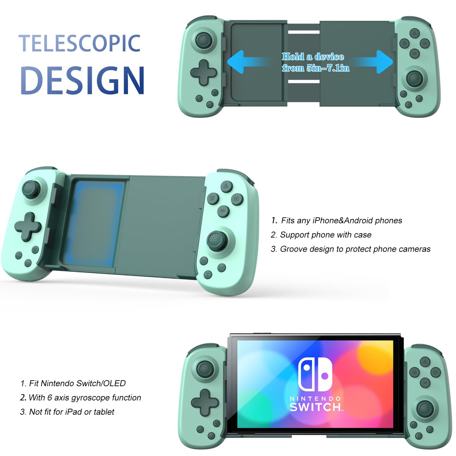 Wireless Gamepad for iPhone Android PC - 6-Axis Gyro & Dual Motors - Green - Perfect for Cloud Gaming & Console Streaming