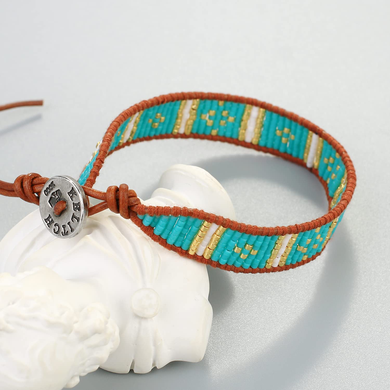 KELITCH New Miyuki Beaded Strand Bracelet - Genuine Leather Wrap Woven Braided Bracelet for Women | Boho Chic Jewelry for Everyday Wear, Parties & Gifts