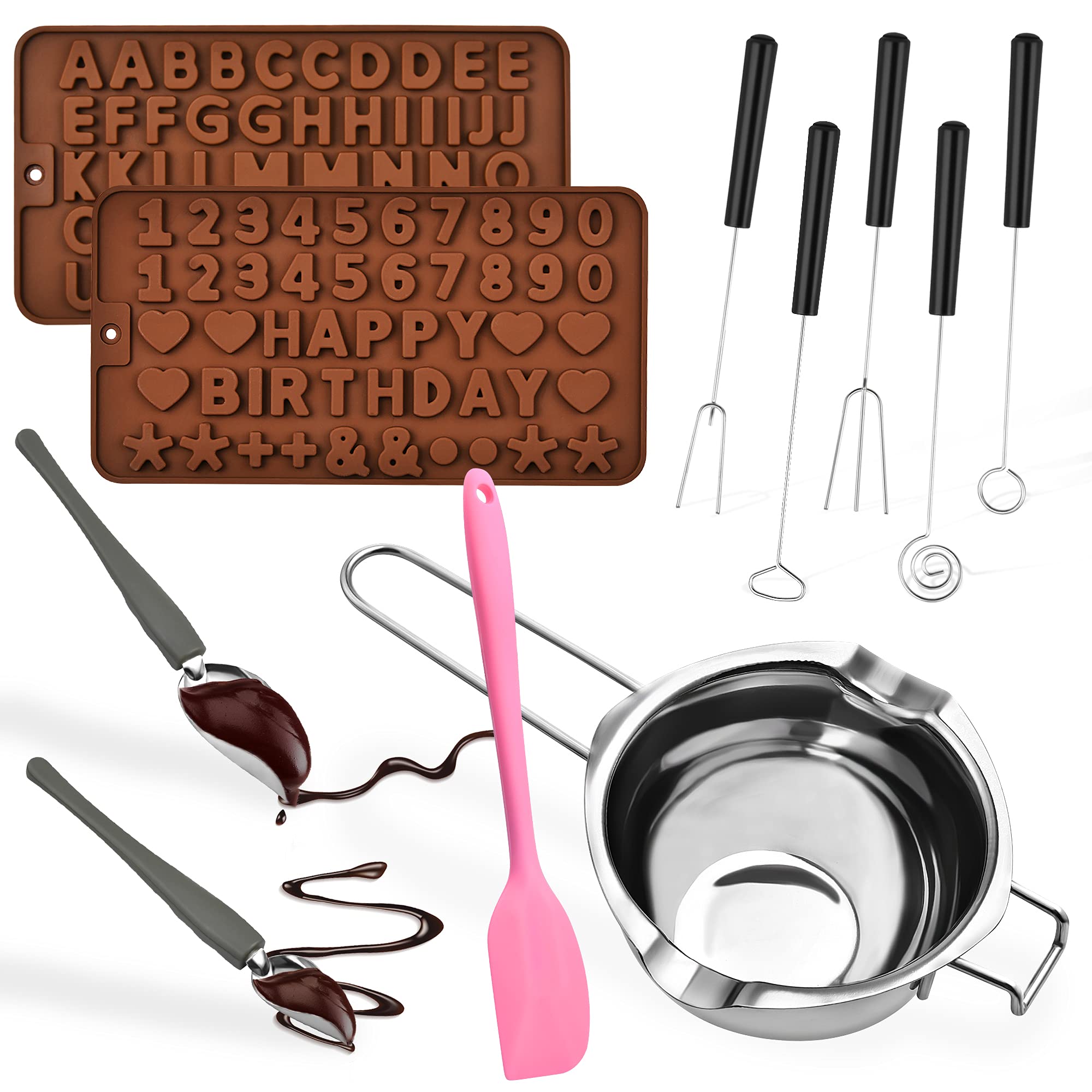 11-Piece Chocolate Dipping Tool Set - Stainless Steel Double Boiler Pot with Dipping Forks & Decorating Spoons - Professional Candy Making Supplies for Chocolate, Cake, Dessert - Perfect for Home Baking, DIY Treats & Holiday Gift Making