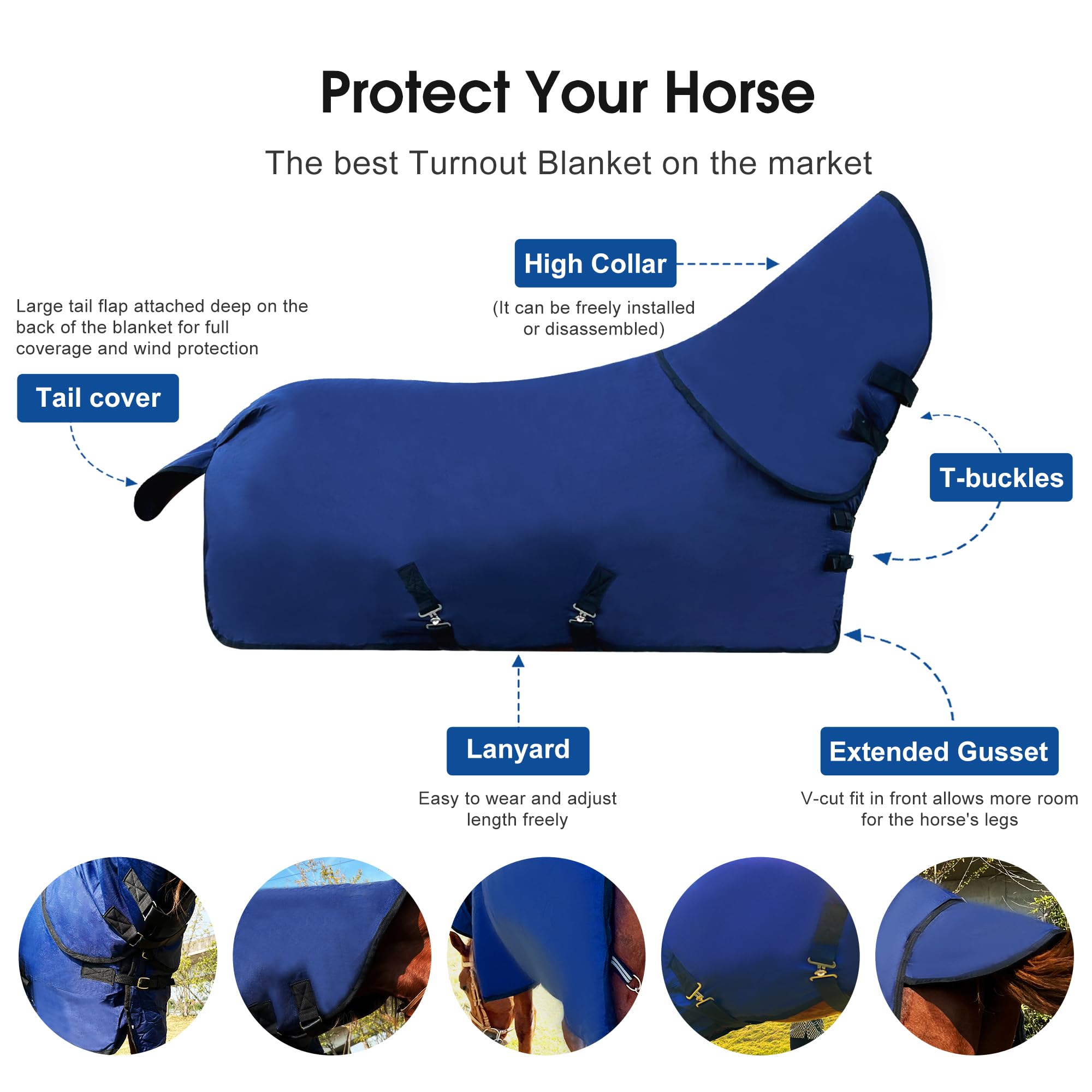 Premium 1200D Winter Waterproof Horse Blanket - Detachable Neck Cover, 220g Warm Cotton Filling for Cold Weather | Mid-Weight Equestrian Horseware | Ideal for Stables, Trail Riding & Winter Shows (Blue, 78 Inches)