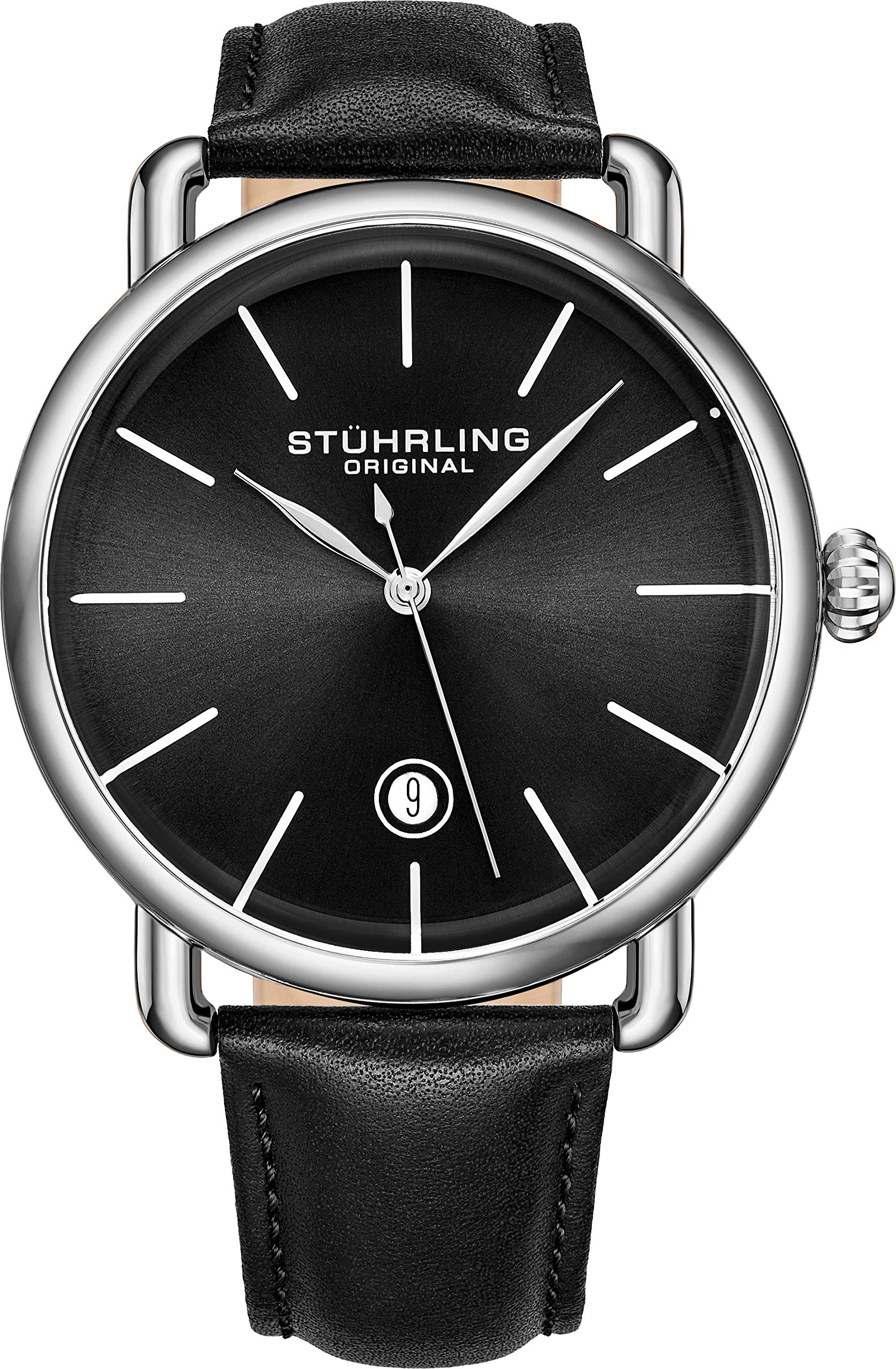 Stuhrling Original Men's Leather Dress Watch - Swiss Quartz Analog Date Wristwatch with Stainless Steel Case - Black Classic Timepiece for Business & Formal Occasions