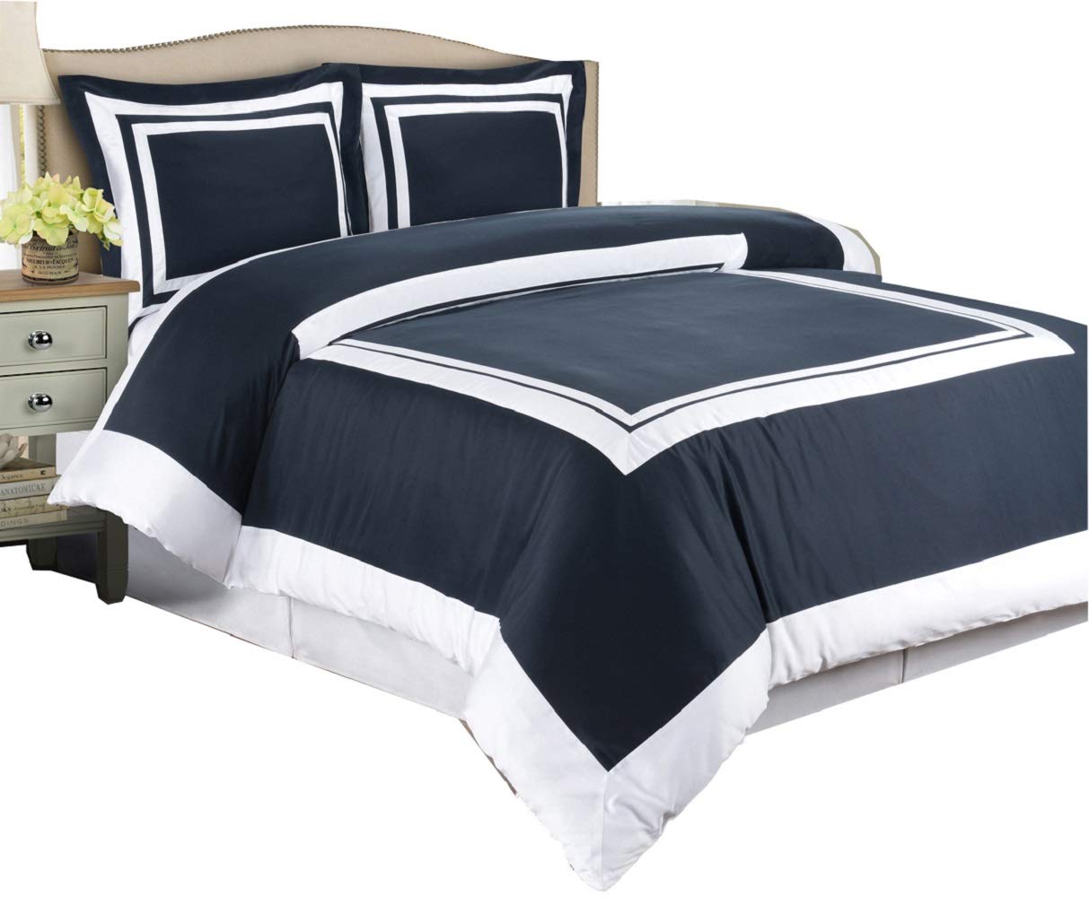 8-Piece King Size Hotel Bed-in-A-Bag Set - 100% Cotton 300TC Navy & White Duvet Cover with Matching Sheets + Down Alternative Comforter | Luxury Bedding for Master Bedroom, Guest Room & Vacation Homes