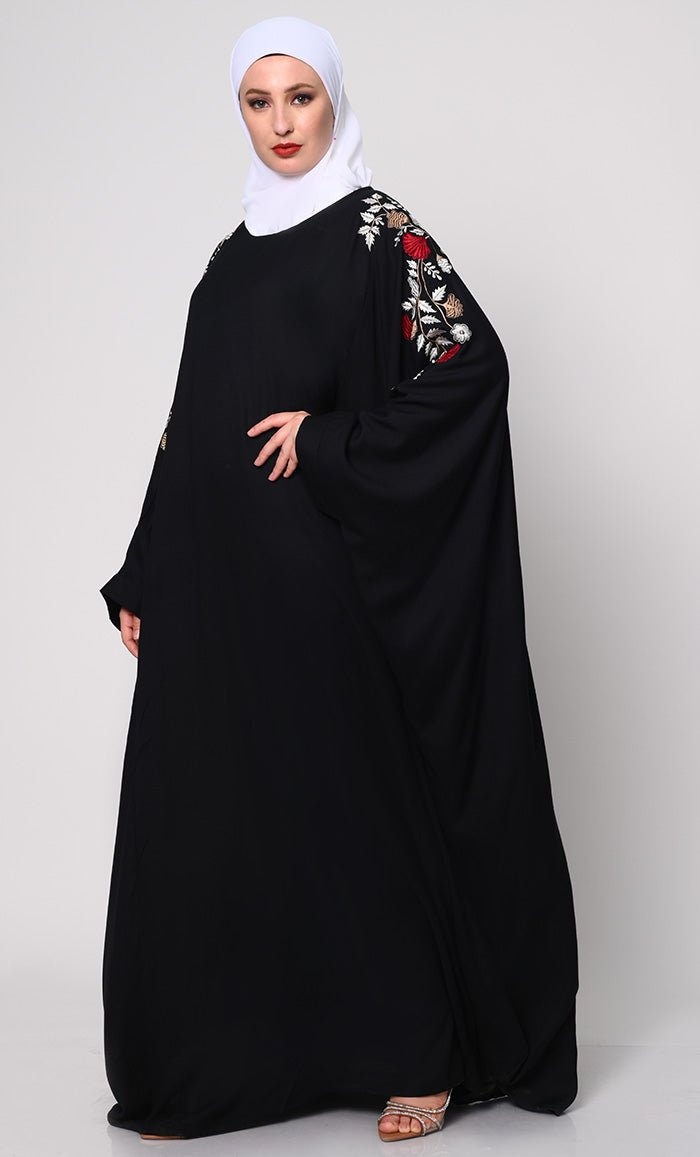 Elegant Black Floral Embroidered Kaftan Dress with Pockets - Perfect for Beach Cover-Up, Resort Wear & Boho Chic Outfits