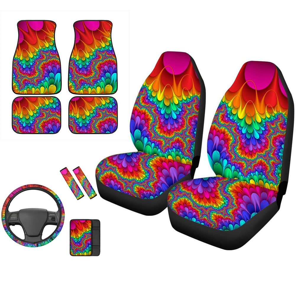 Rainbow Hippie Tie Dye Print 10-in-1 Universal Car Seat Cover Set with Steering Wheel Cover, Seat Belt Pads & Floor Mats - Stretchy Fit for Most Vehicles, Vibrant Bohemian Style for Road Trips & Daily Commutes