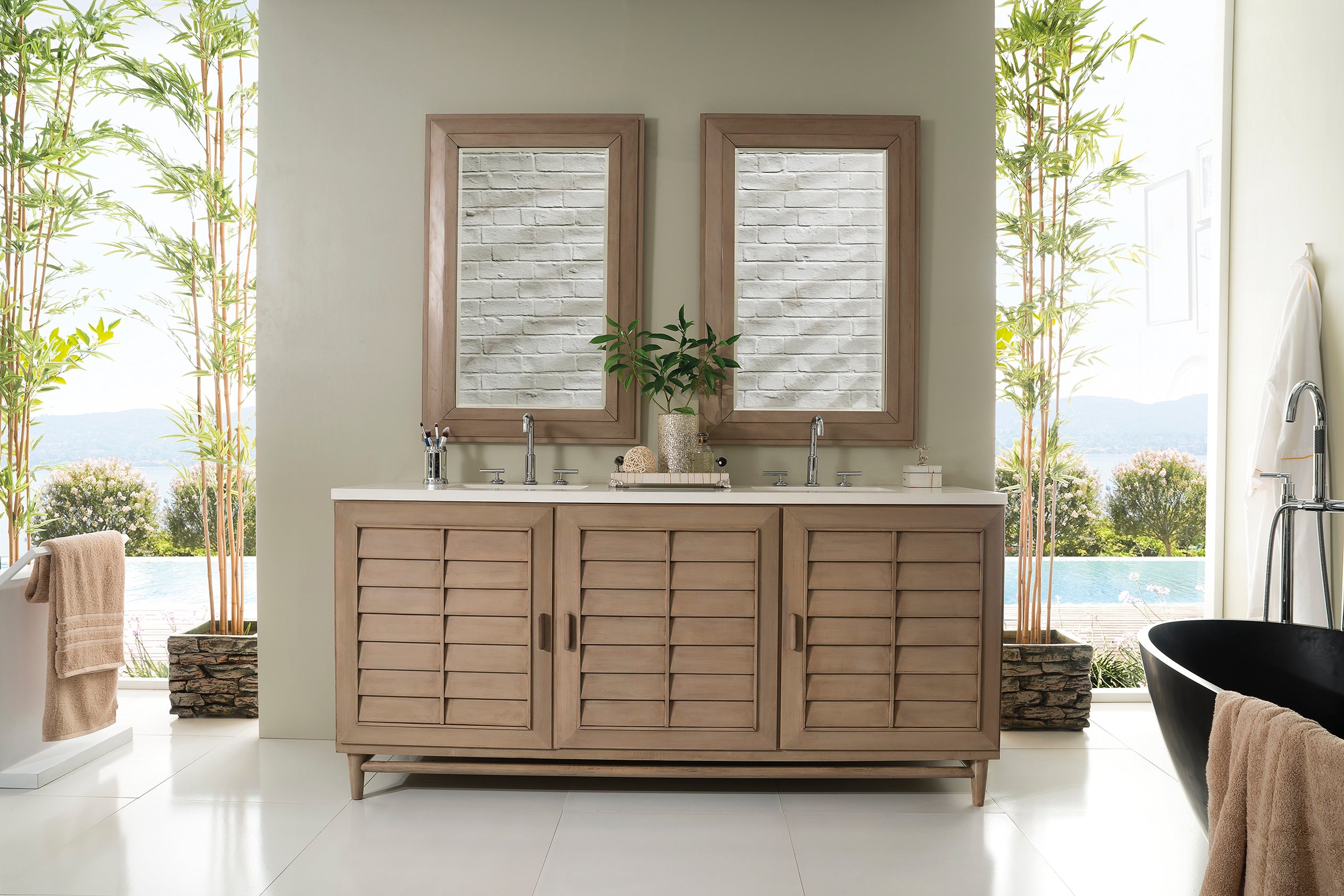 Portland 72 Inch Double Vanity with Whitewashed Walnut & 3cm White Zeus Quartz Top - Modern Bathroom Sink Cabinet for Master Bath or Guest Bathroom