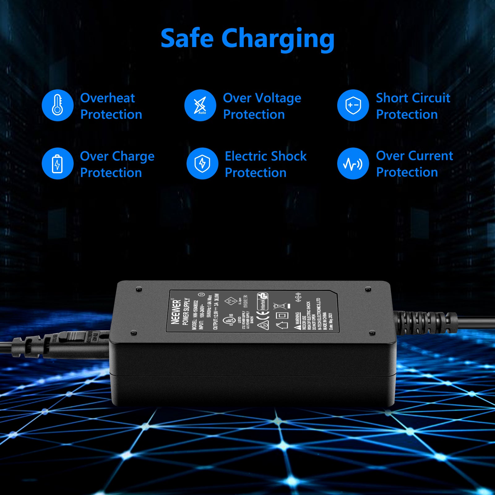 NEEWER 60W 12V 5A Power Supply Adapter, AC 100-240V to DC 12V Converter for LED Strips, CCTV Cameras, Security Systems - Universal Voltage for Home & Office Use