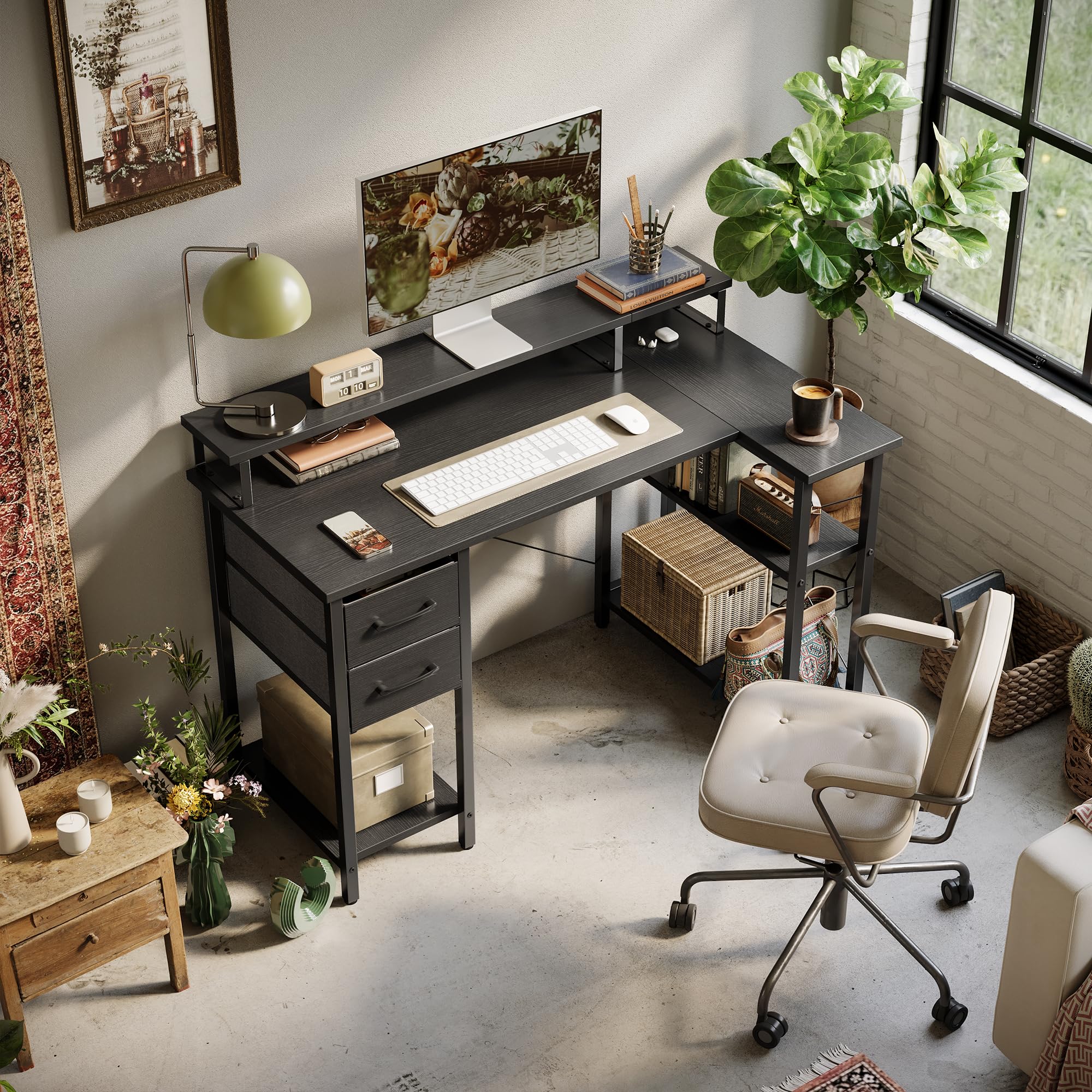 CubiCubi 47 Inch L-Shaped Computer Desk with Monitor Stand, Shelves & Storage Drawer - Black Corner Home Office Desk for Small Spaces, Gaming & Study Workstation