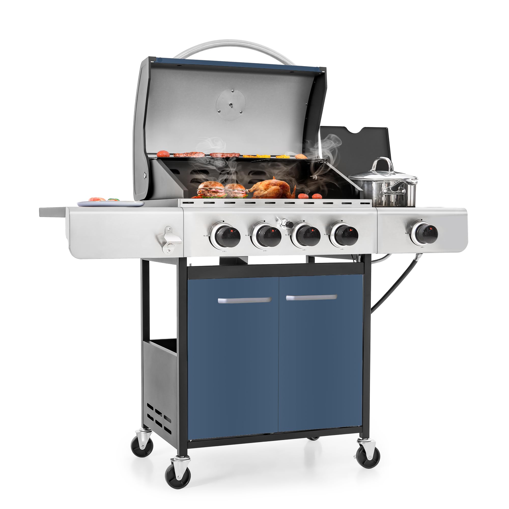 MFSTUDIO 4-Burner Propane Gas Grill - Stainless Steel BBQ Grill with Side Burner & Porcelain-Enameled Cast Iron Grates | High Output Outdoor Cooking Grill for Backyard, Patio, Camping & Tailgating Parties | Blue