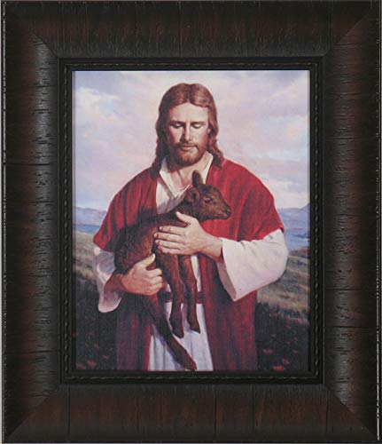8x10 Framed Picture of Jesus Holding Black Lamb by Del Parson - Religious Wall Art for Home, Church & Office Decor