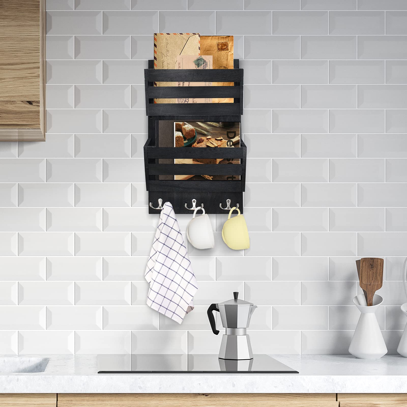 Rustic Wall Mounted Mail Organizer with 4 Key Hooks - Wooden Letter Holder for Mail, Magazines, Keys & Dog Leashes - Perfect for Entryway, Kitchen or Office Organization