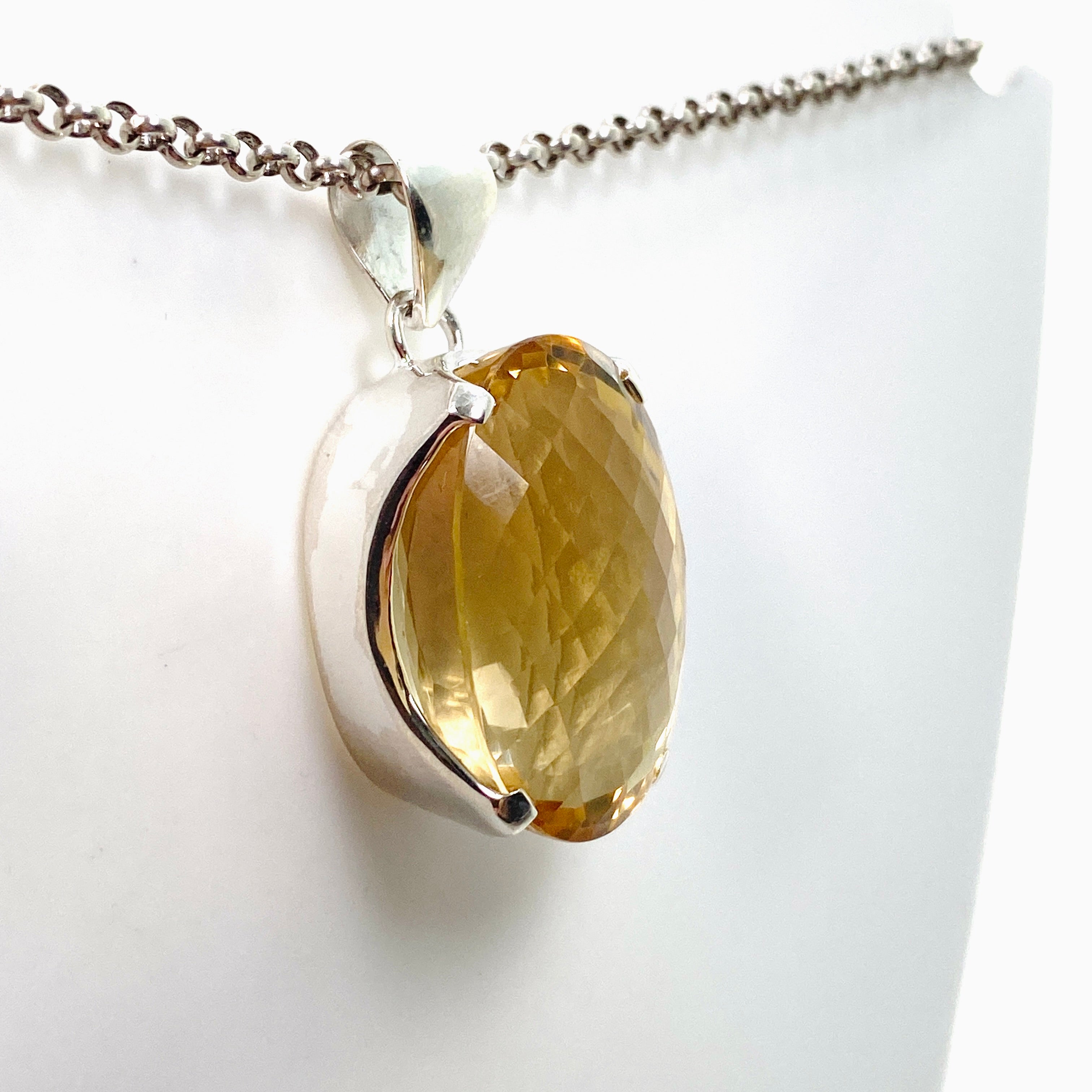 Natural Citrine Gemstone Oval Checkerboard Faceted Pendant Necklace - KPGJ4786 - Elegant Jewelry Gift for Women, Perfect for Parties, Weddings & Special Occasions