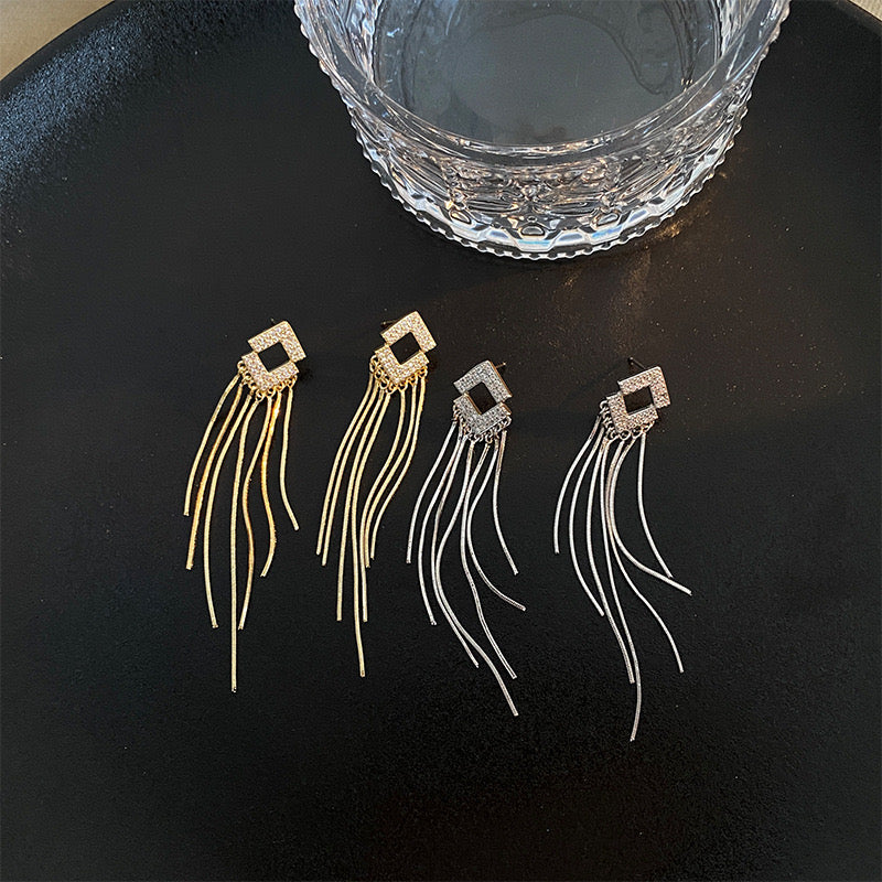 Stylish Rhombus Rhinestone Tassel Fringe Earrings for Women | Elegant Party & Evening Wear Jewelry | A7861