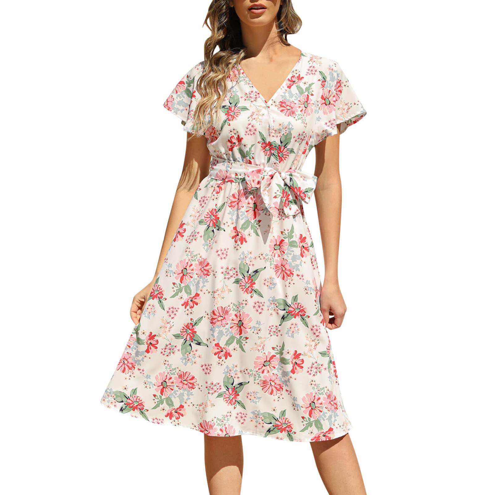 Women's V-Neck Batwing Sleeve Floral Swing Dress with Waist Tie - A-Line Midi Beach Dress for Summer Vacation, Date Night & Outdoor Parties